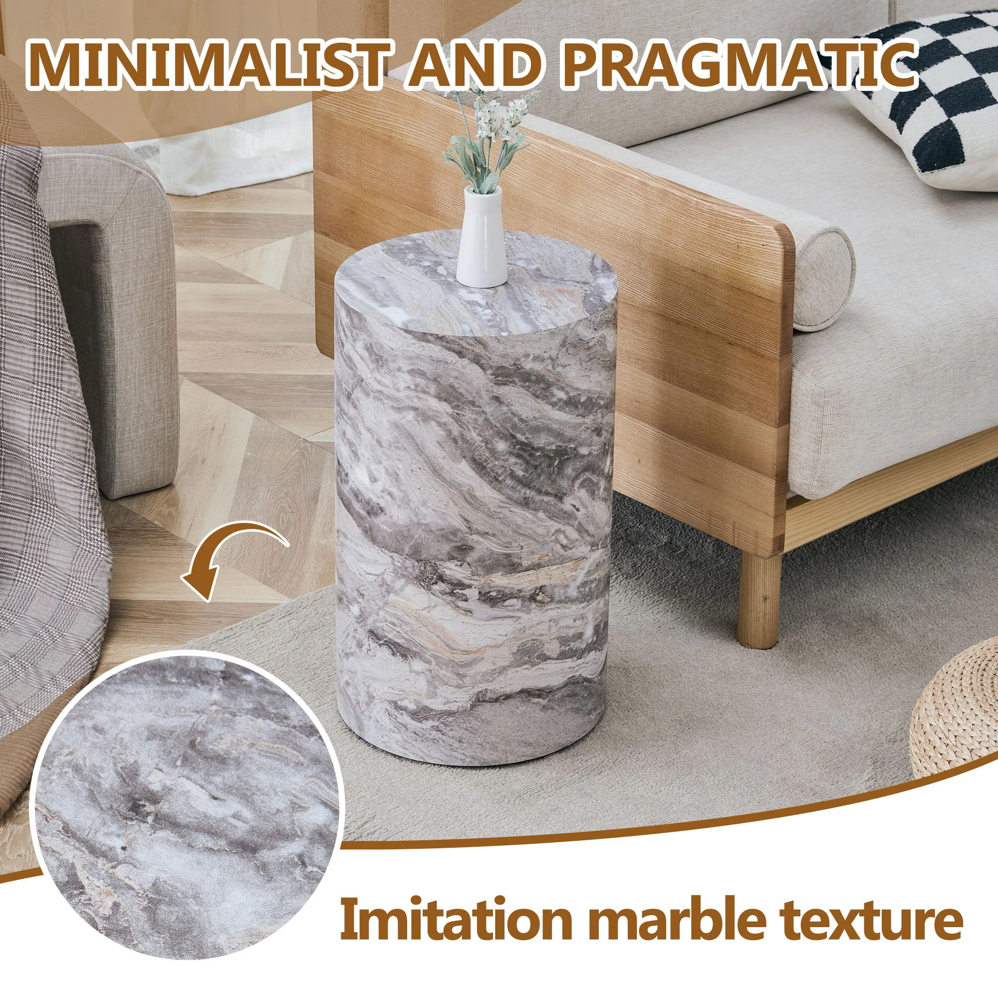 Simple Marble Textured Cylindrical Coffee Table Material - Gray - Image 5