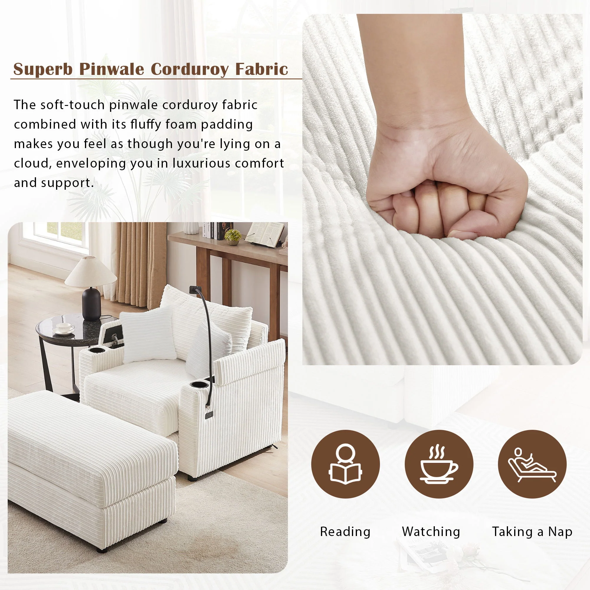 Single Sofa Couch With Storage Space, Movable Ottoman, USB Ports, Cup Holders, Phone Holder - Image 11