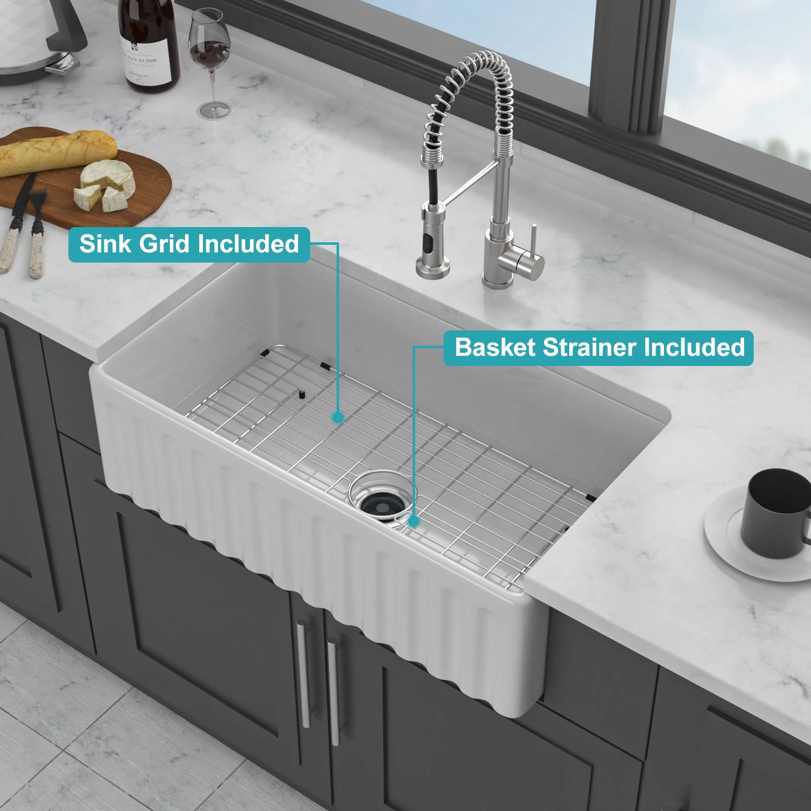 Sink - Apron-Front Reversible Single Bowl Kitchen Sink With Smooth And Ribbed Finishes - White - Image 5