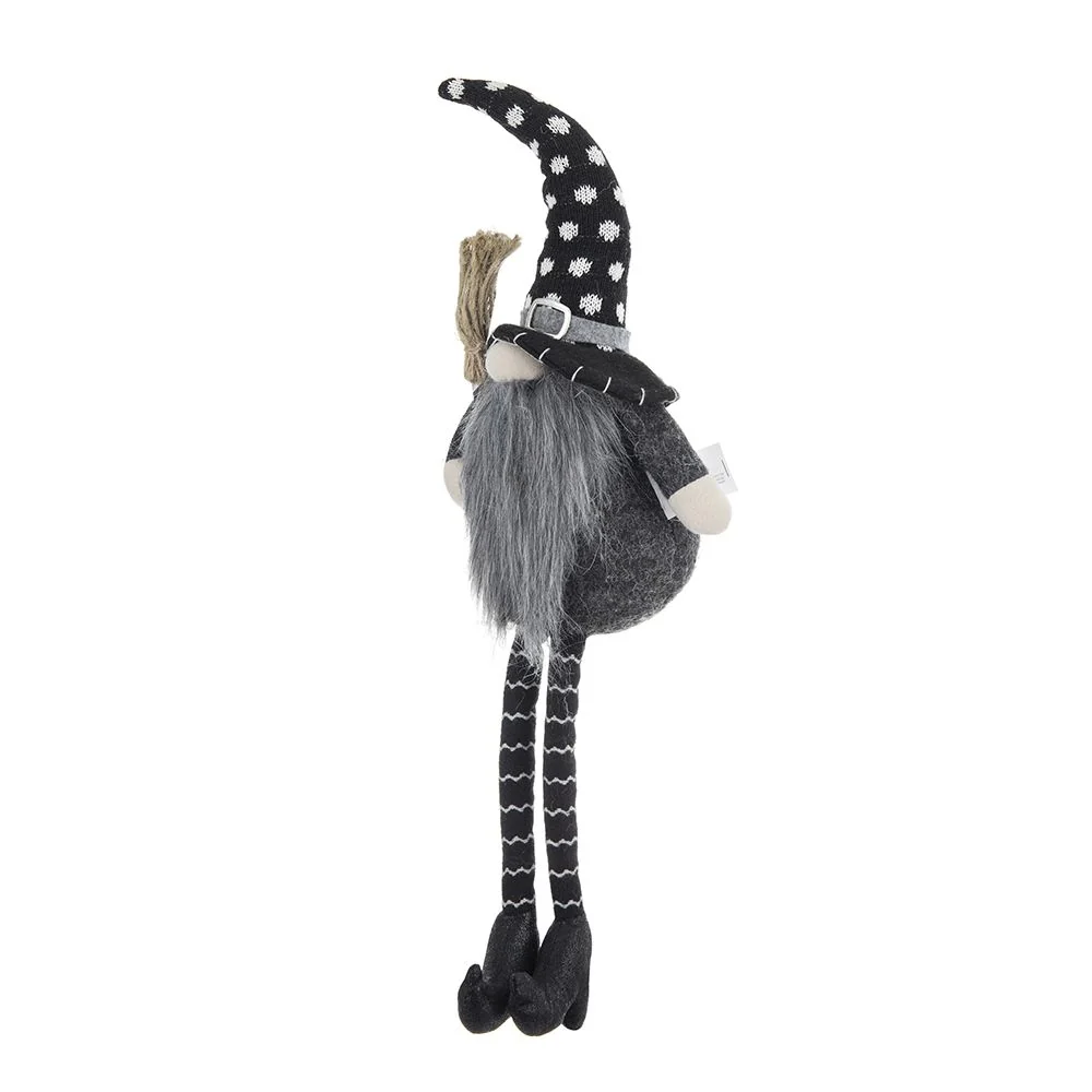 Sitting Gnome With Broomstick & Soft Legs, For Halloween Decor - Black White - Image 2