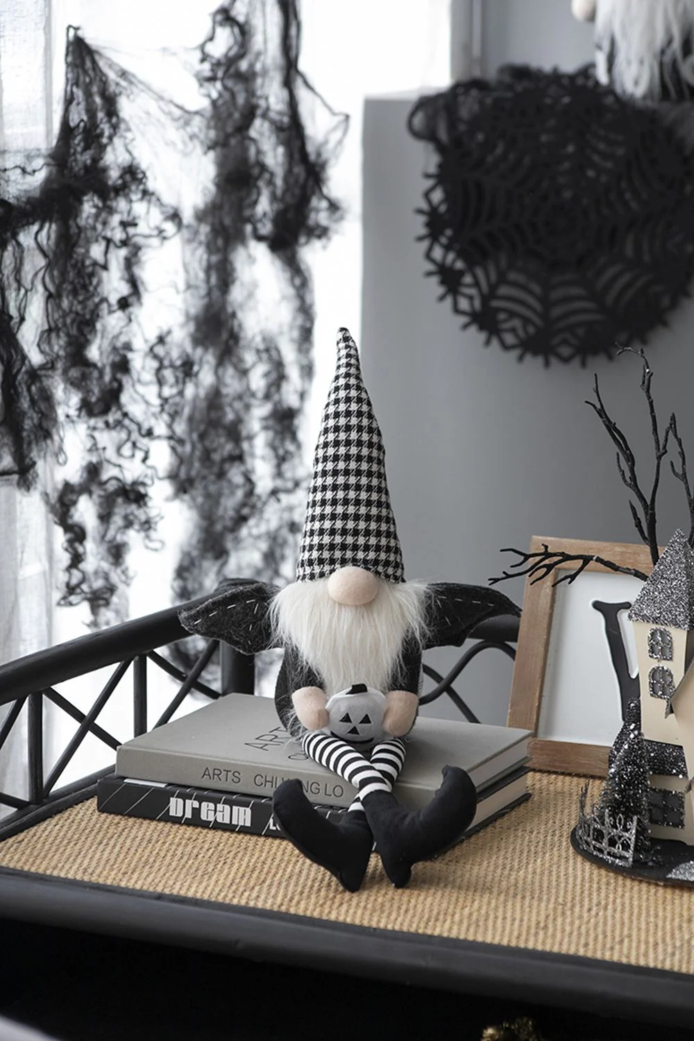 Sitting Gnome With Wings & Plaid Hat, For Halloween Decor - Image 5