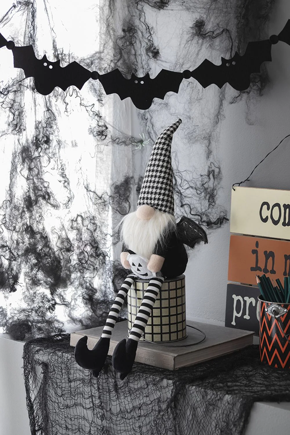 Sitting Gnome With Wings & Plaid Hat, For Halloween Decor - Image 7