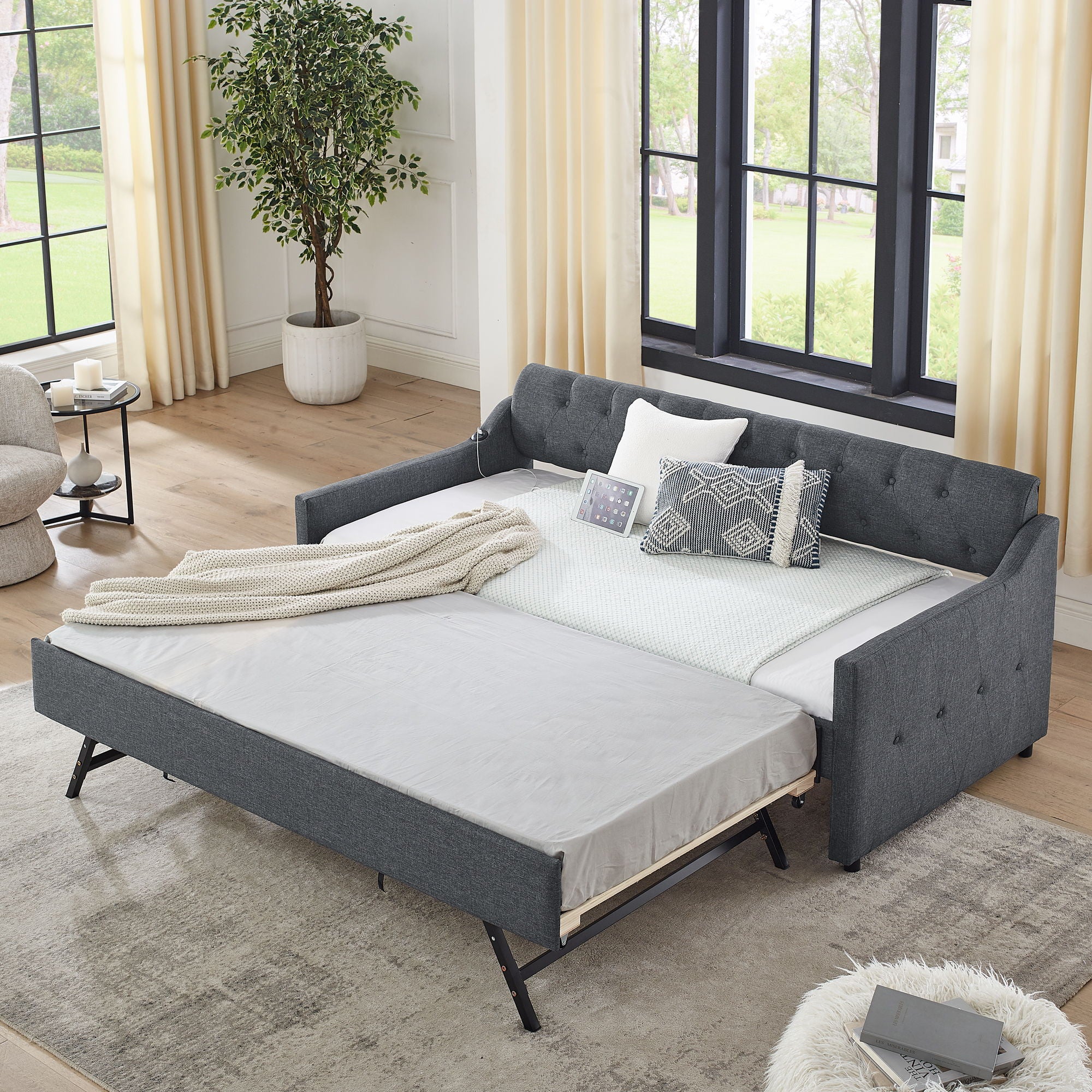 Size Upholstered Daybed With Trundle And USB Charging Armrest - Image 10