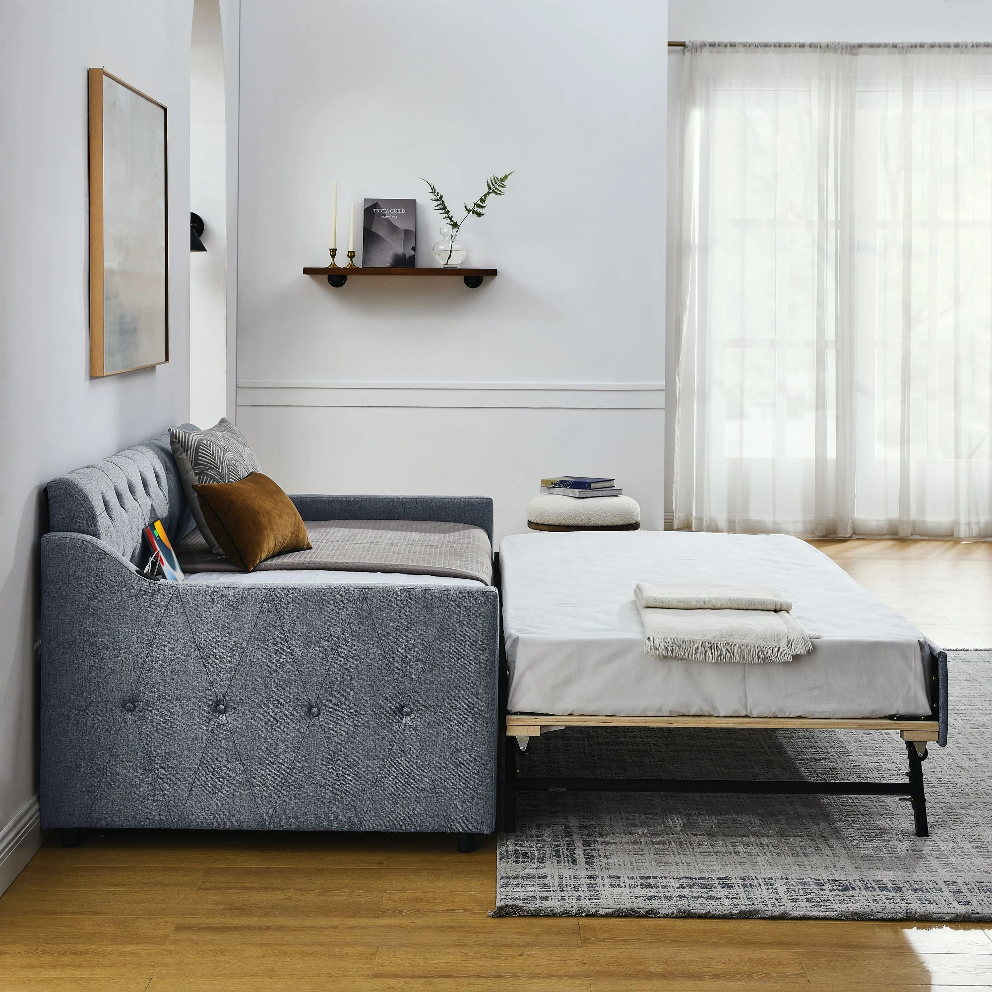 Size Upholstered Daybed With Trundle And USB Charging Armrest - Image 12