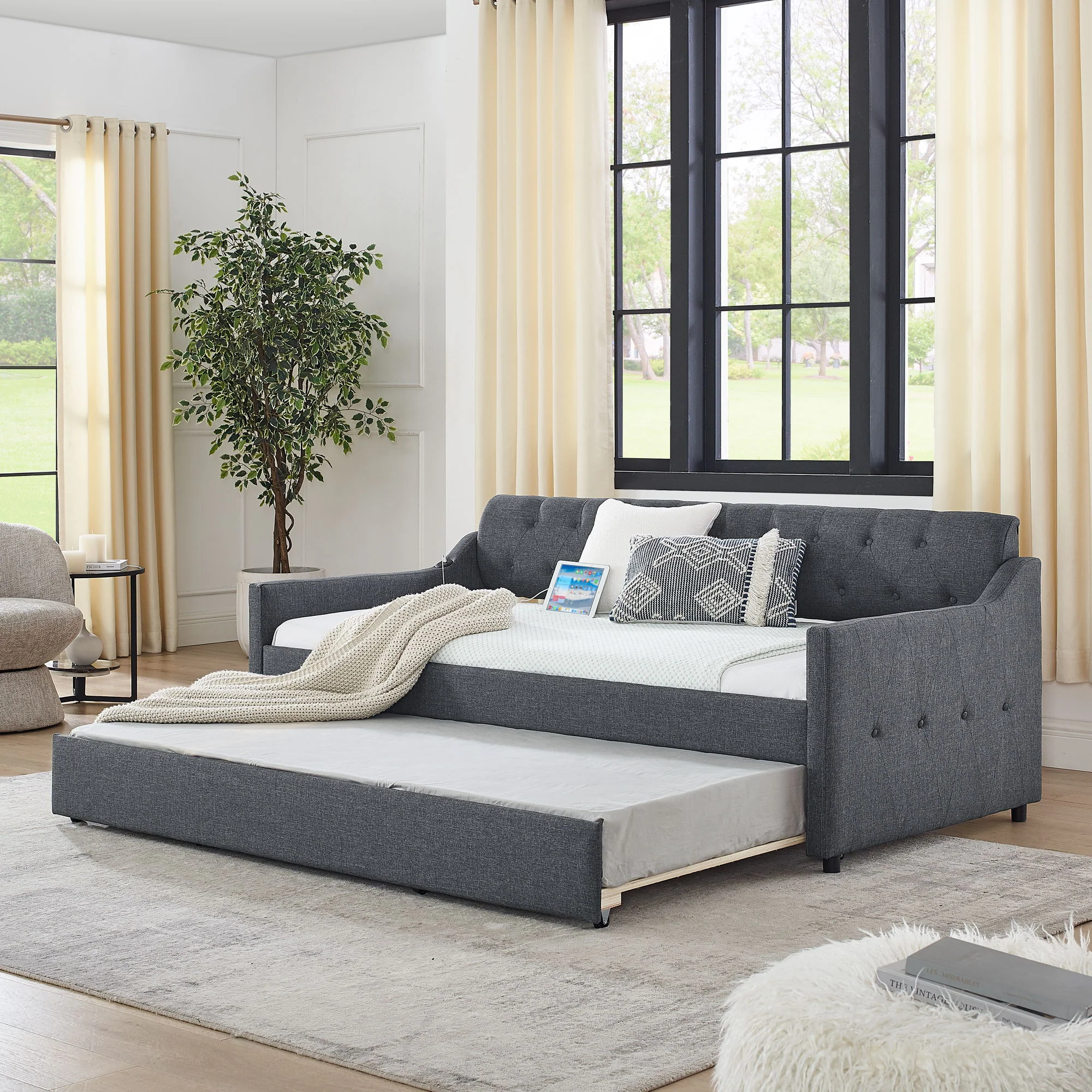 Size Upholstered Daybed With Trundle And USB Charging Armrest - Image 7