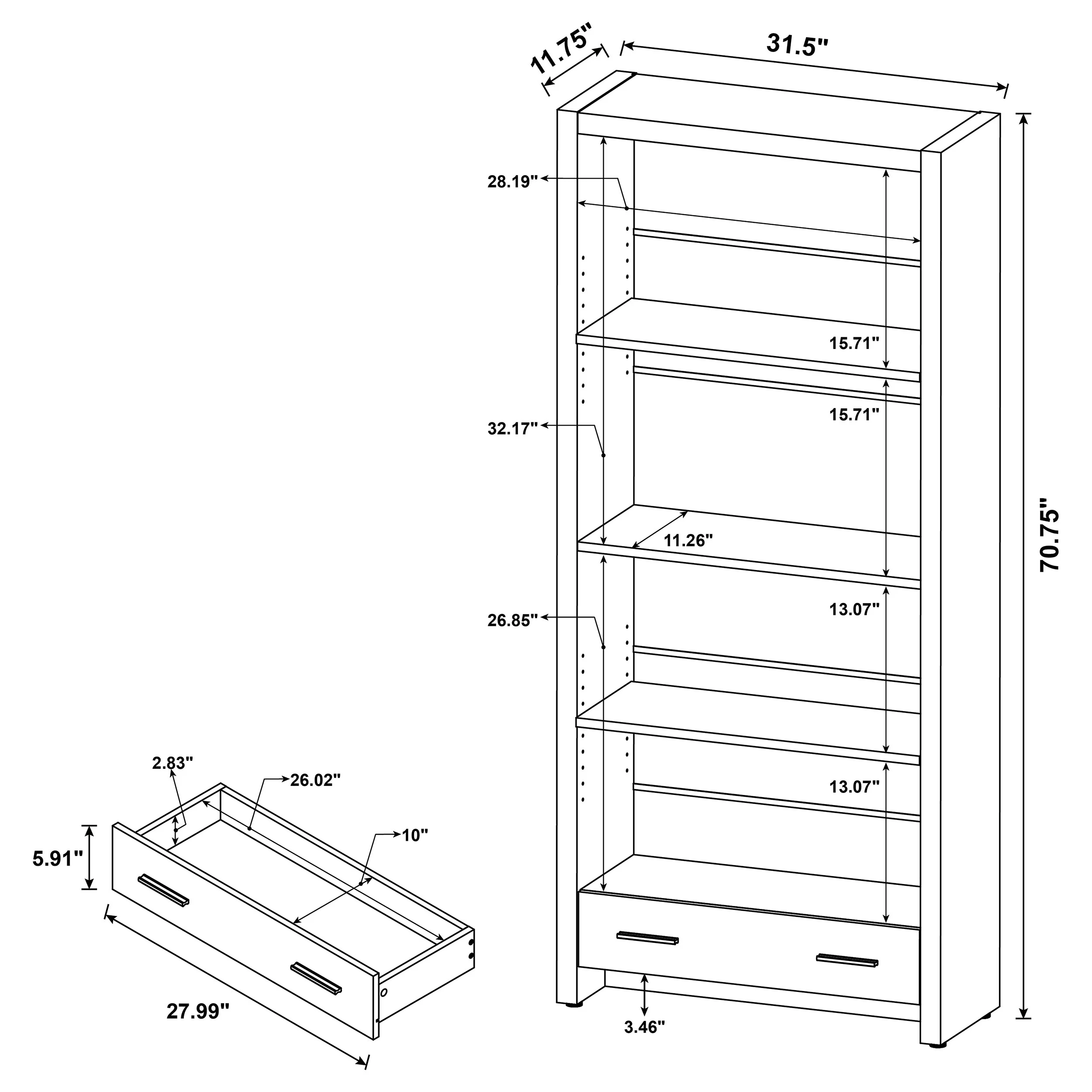 Skylar 71-Inch 5-Shelf Bookcase with Drawer, Cappuccino - Image 12