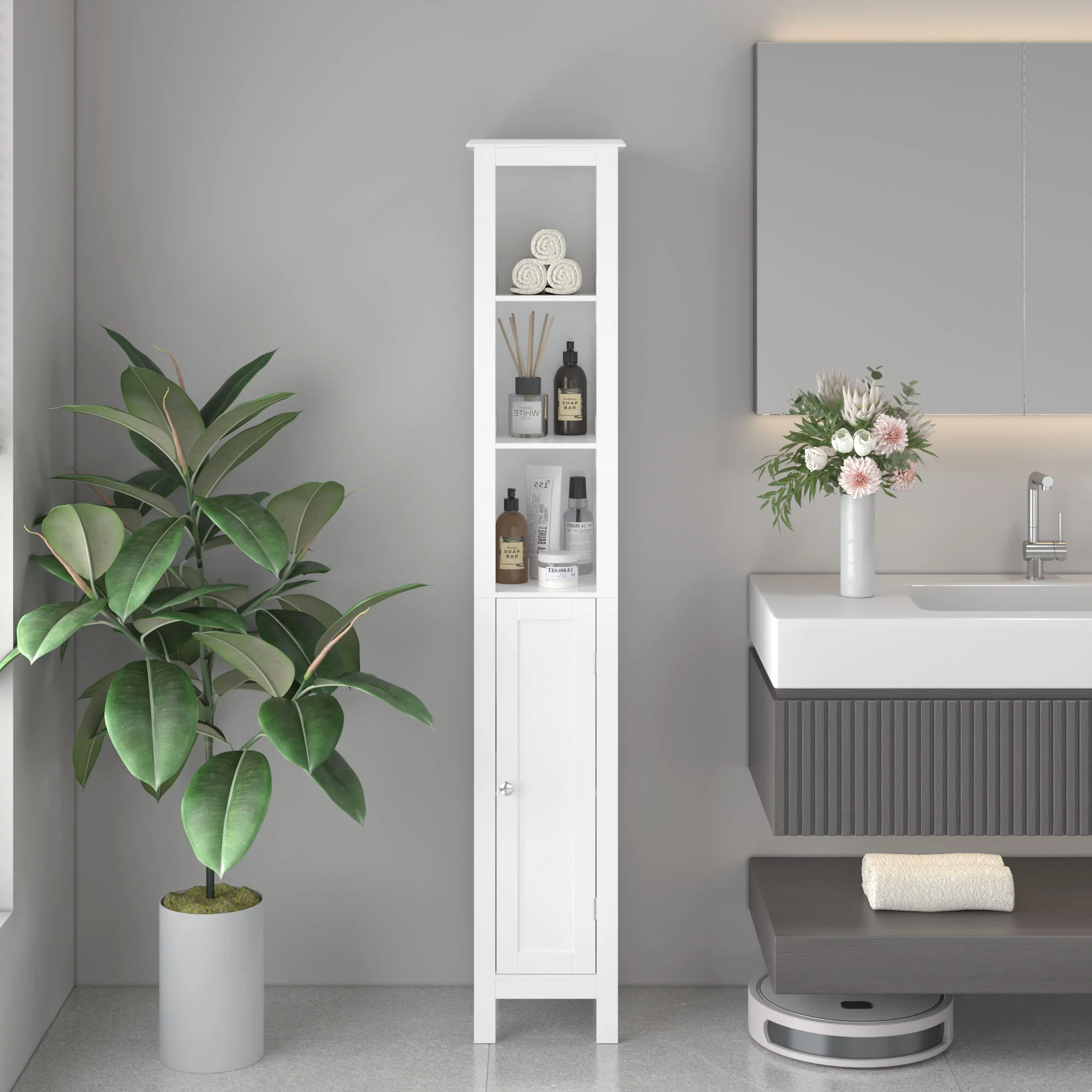 Slim Tall Bathroom Storage Cabinet With Adjustable Shelves, Anti Tip Freestanding Cabinet - White - Image 7
