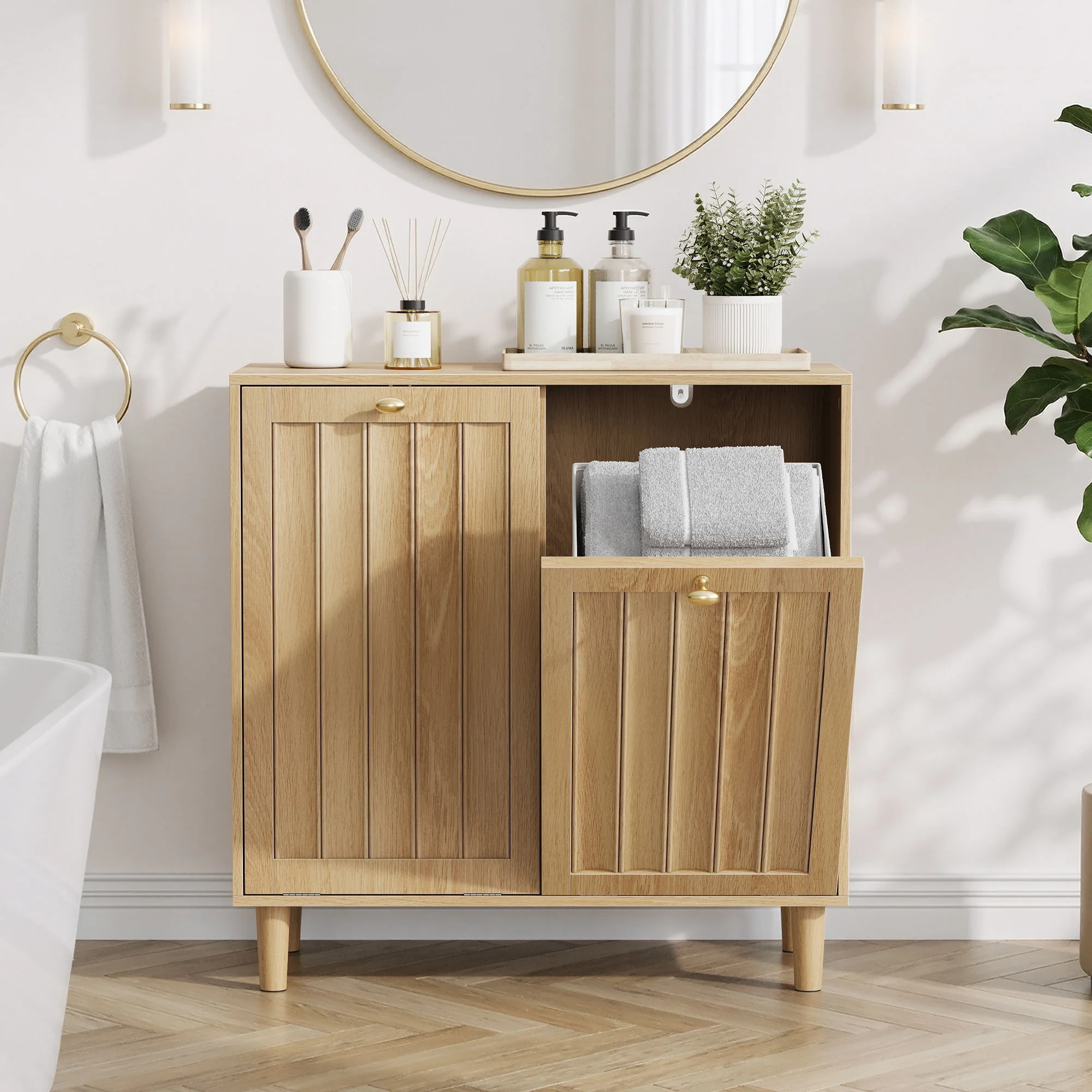 Sloping Laundry Basket With Removable Inner Bin, Concealed Storage Cabinet For Bathroom - Oak - Image 5