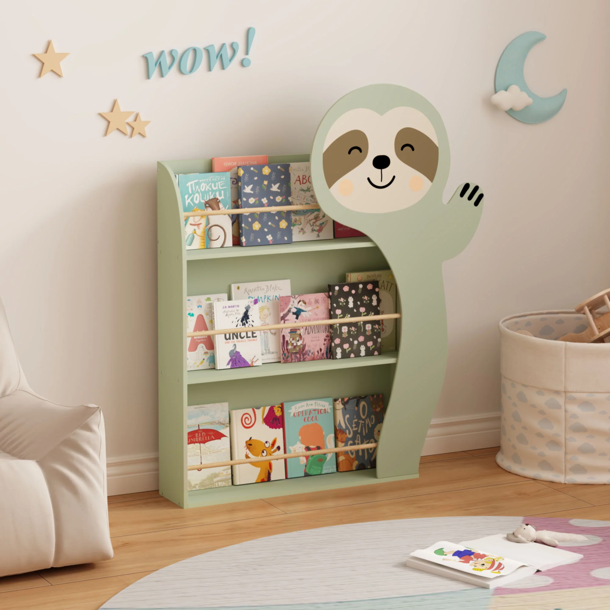 Sloth Bookshelf, Front Facing Toddler Book Display Rack With 3 Tiers, Cute Animal Design - Sage Green - Image 3