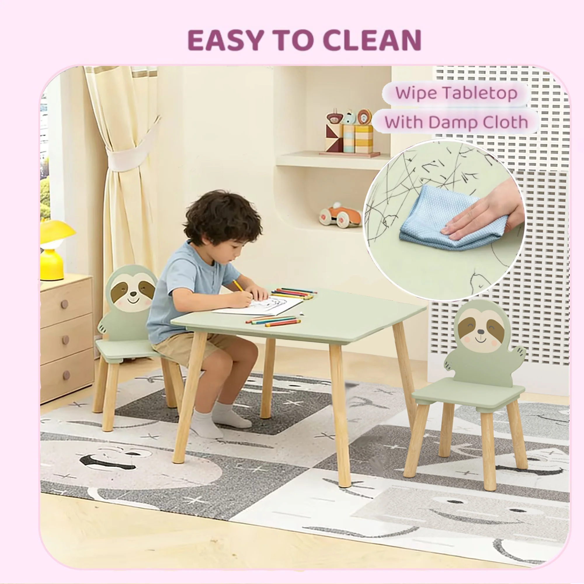 Sloth Themed Table And Chair Set With 2 Cute Animal Chairs - Natural Wood / Sage Green - Image 5