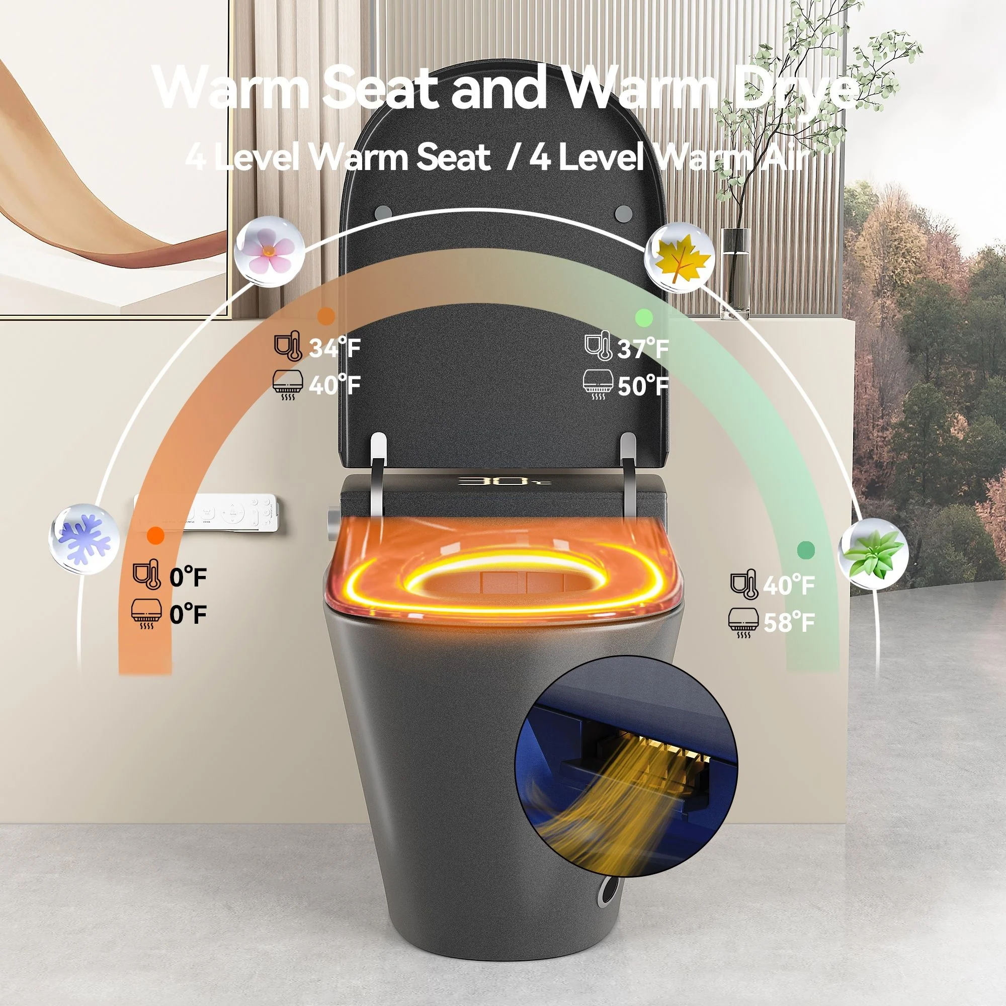 Smart Bidet Toilet With Auto Open / Close Seat, Warm Water Wash, Heated Seat, And Wireless Remote Control - Image 19