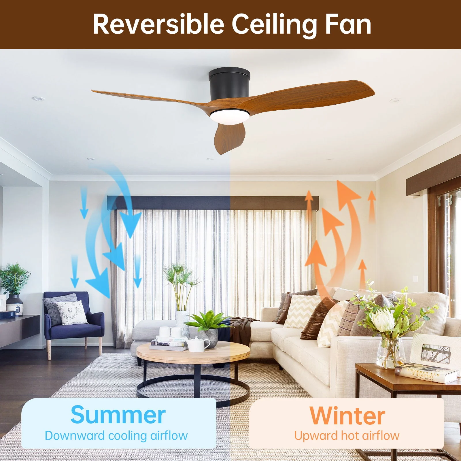 Smart Ceiling Fan With Remote Control, 3 Blades, Dimmable LED Light, Reversible DC Motor - Black - Image 3