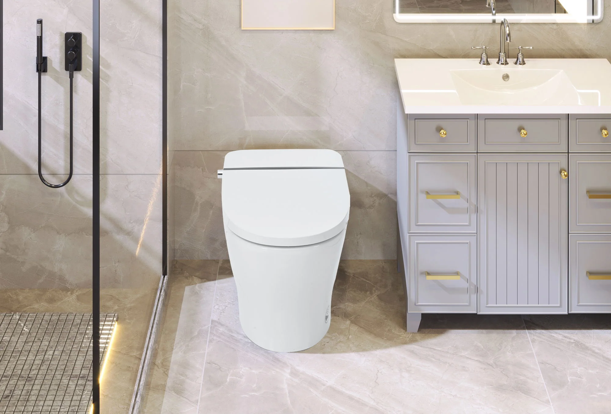 Smart Toilet Bidet Combo With Self-Cleaning Nozzle, Upmarket Compact Dual Flush Toilet 1 / 1.28 Gpf, Tank Less Toilet With Foot Sensor Flush - White Night Light - Image 8
