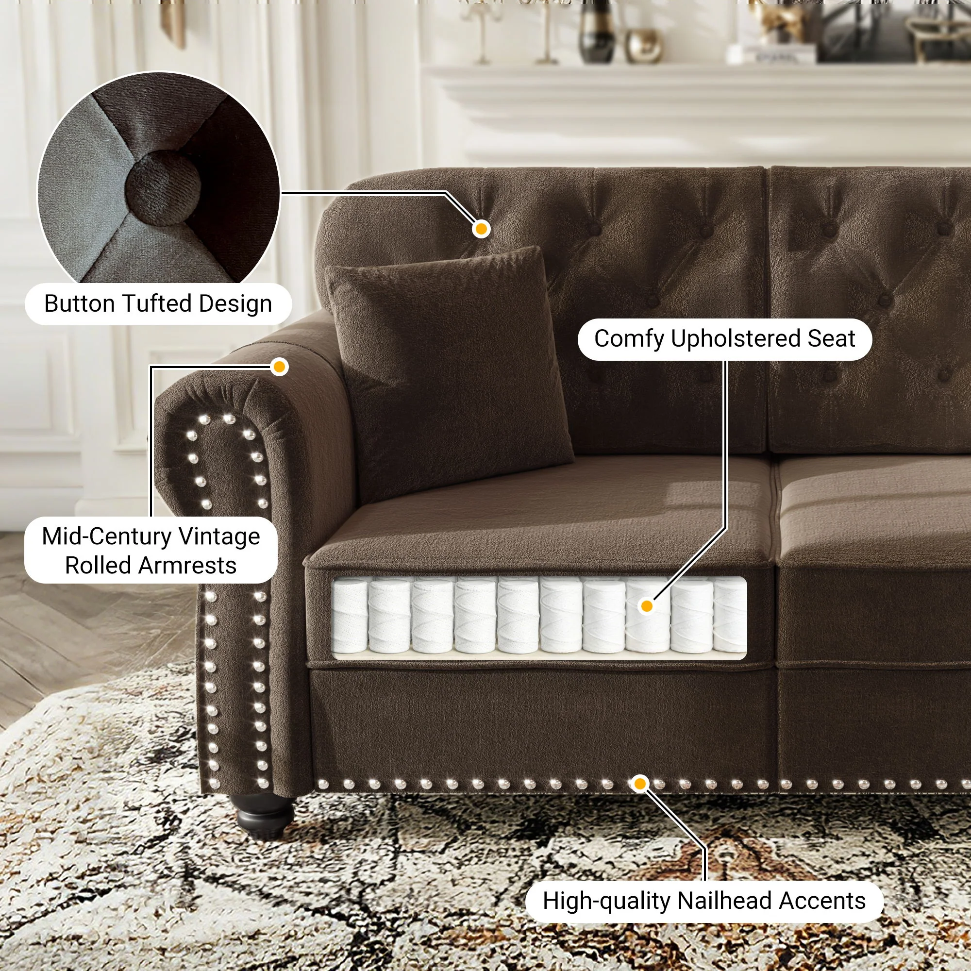 Sofa With Nailhead Trim And Rolled Armrests - Image 11
