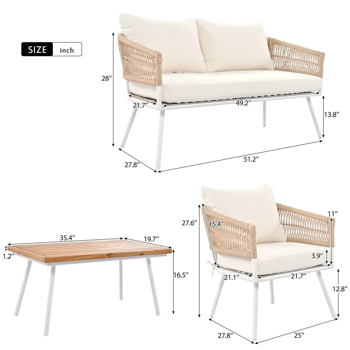 Solano Rope Outdoor Seating Set with Acacia Coffee Table, 4-Piece Beige - Image 11