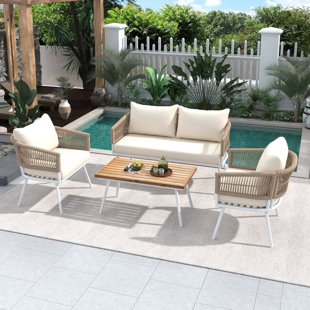 Solano Rope Outdoor Seating Set with Acacia Coffee Table, 4-Piece Beige - Image 3