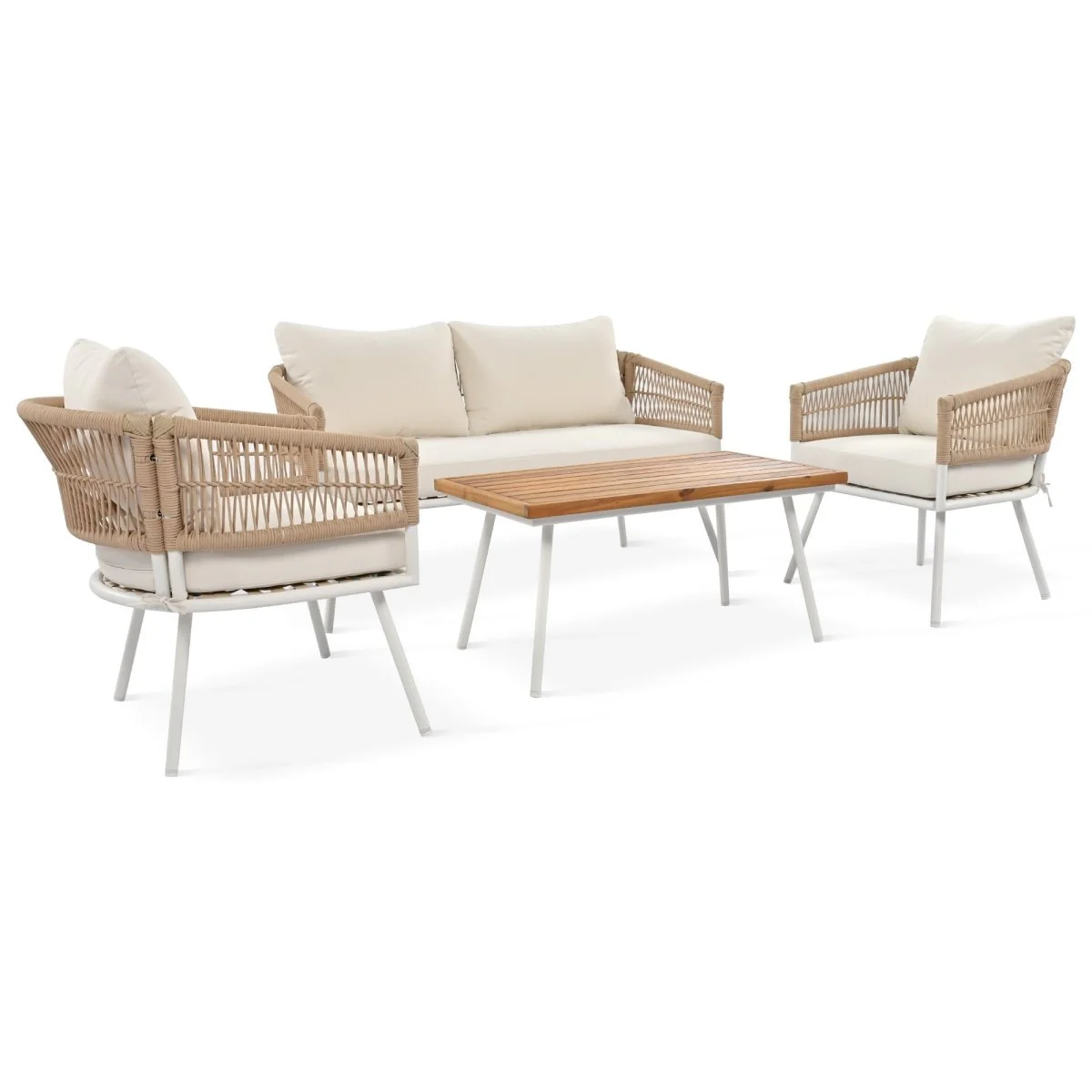 Solano Rope Outdoor Seating Set with Acacia Coffee Table, 4-Piece Beige - Image 4