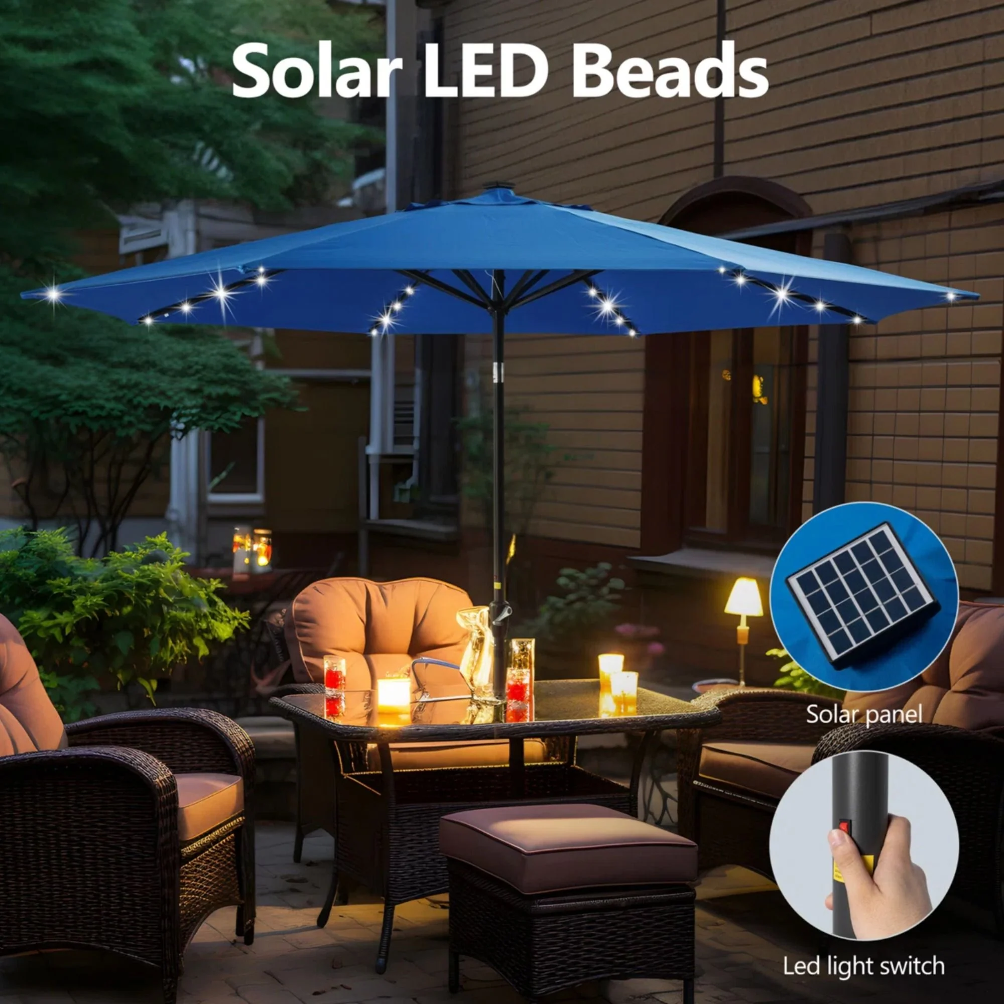Solar LED Patio Umbrella With Crank Lift And Tilt, 8 Ribs, UV Resistant Canopy For Pool, Backyard & Patio (Without Base) - Blue - Image 4