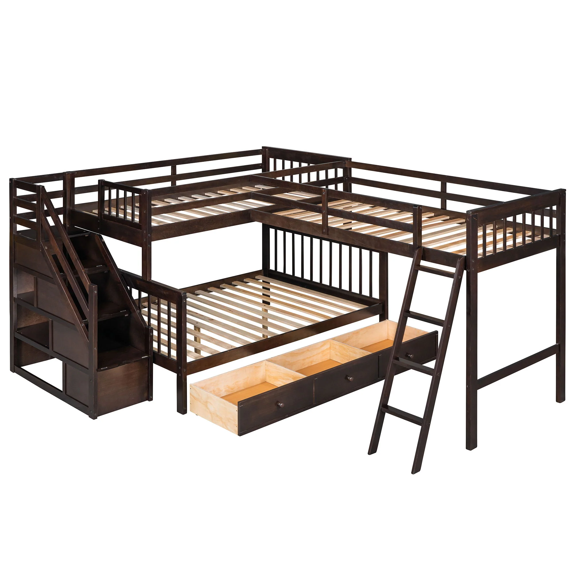 Solid L Shaped Bunk Bed With 3 Drawers, Ladder And Staircase - Image 16