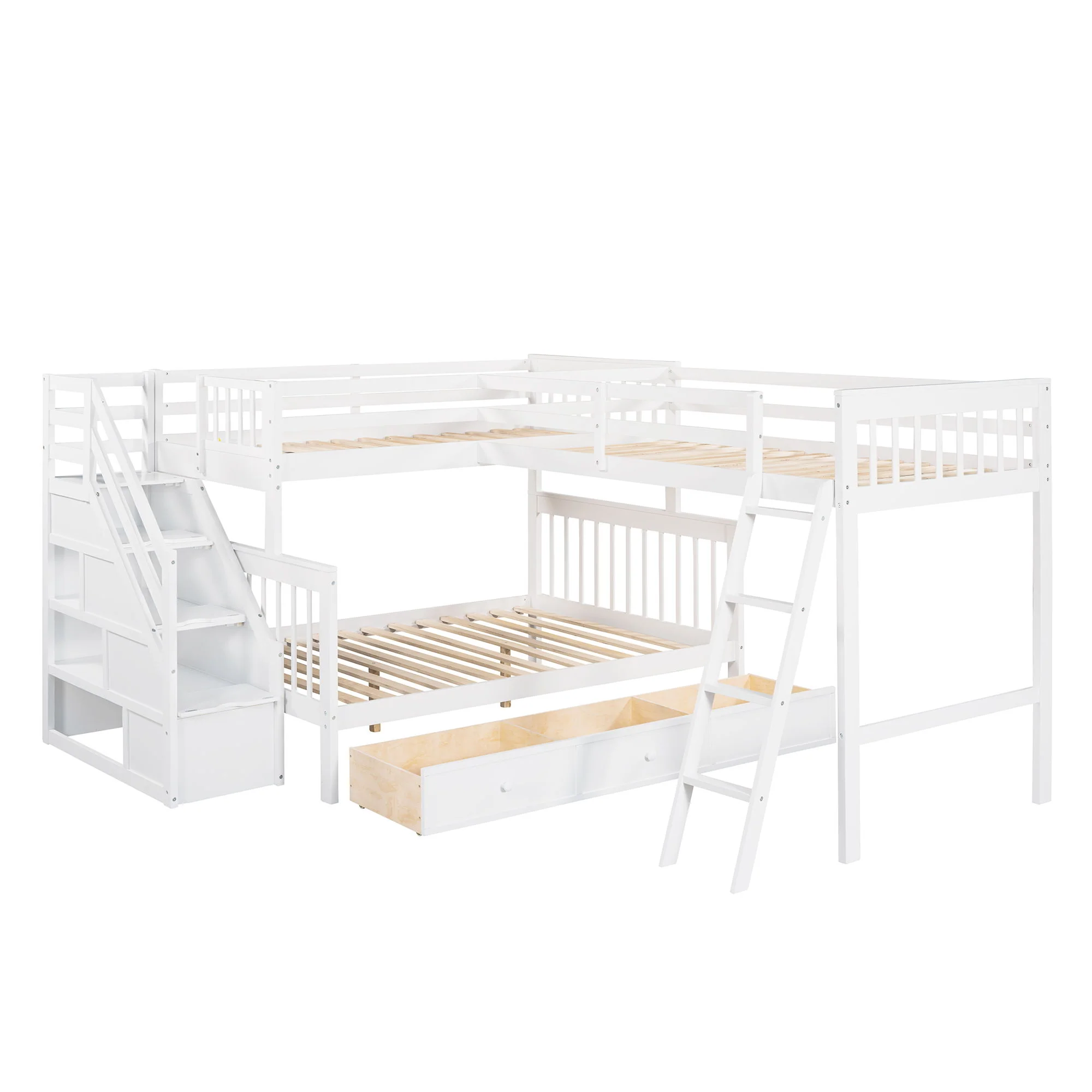 Solid L Shaped Bunk Bed With 3 Drawers, Ladder And Staircase - Image 9