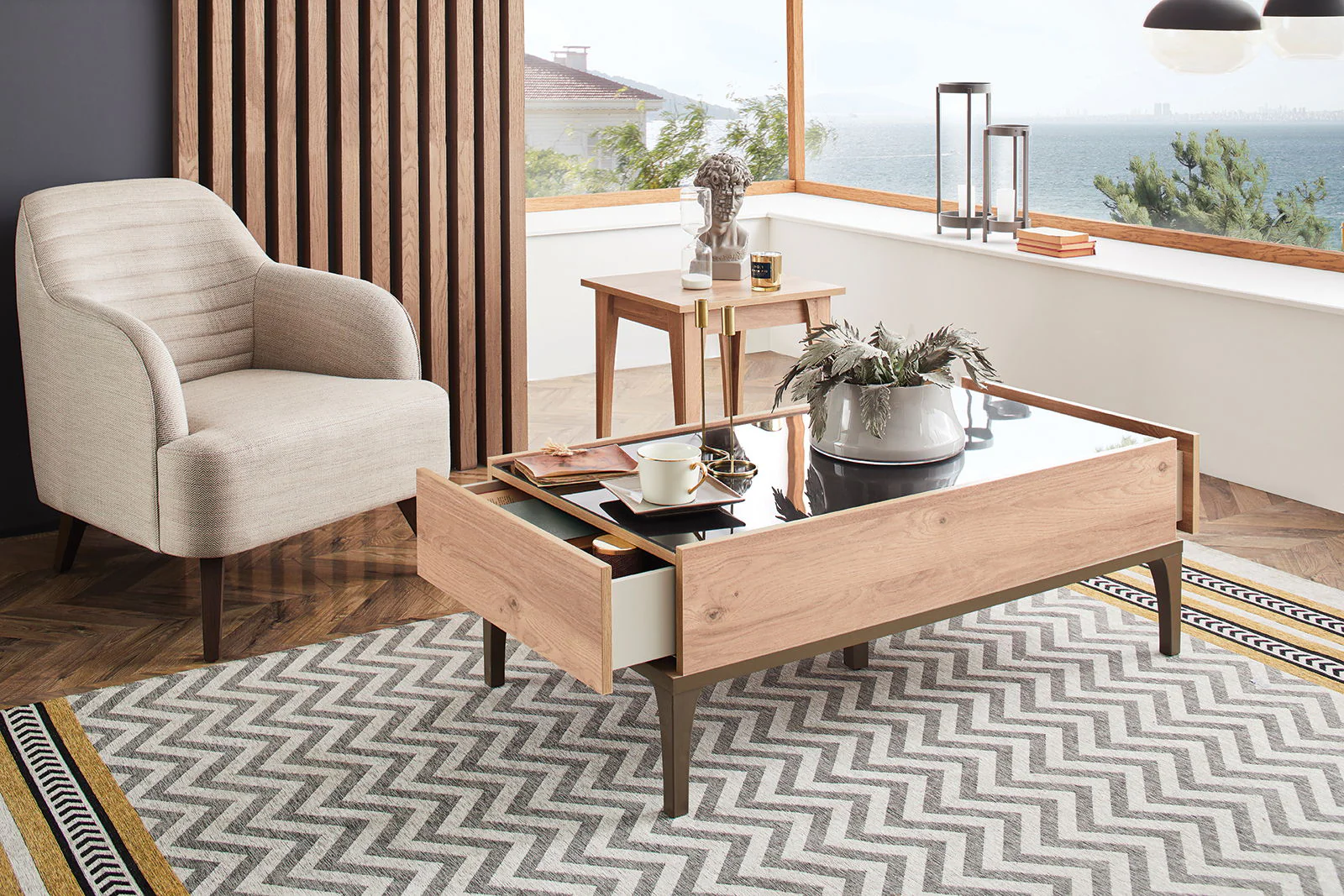 Sona - Coffee Table with Glass - Light Brown - Image 2