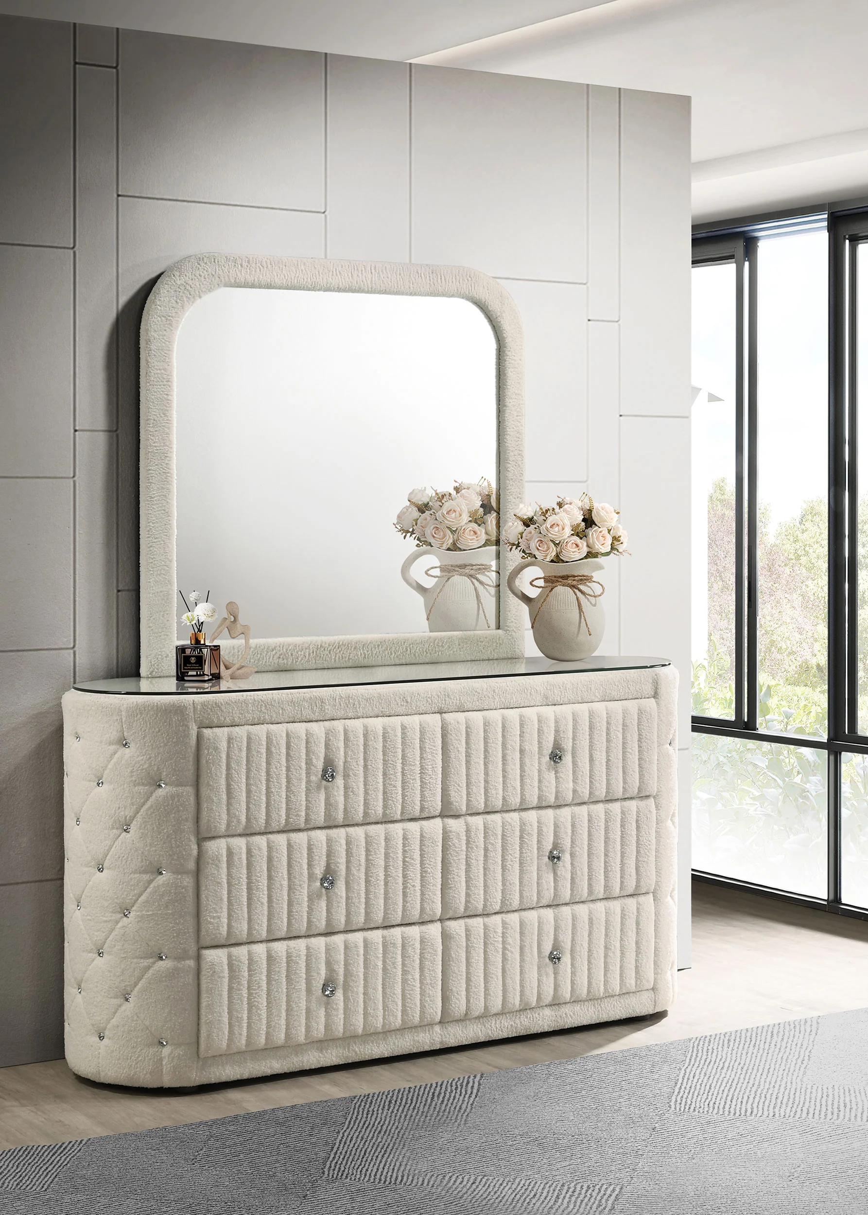 Sonya 6-Drawer Upholstered Dresser with Mirror, Ivory Bouclé - Image 5