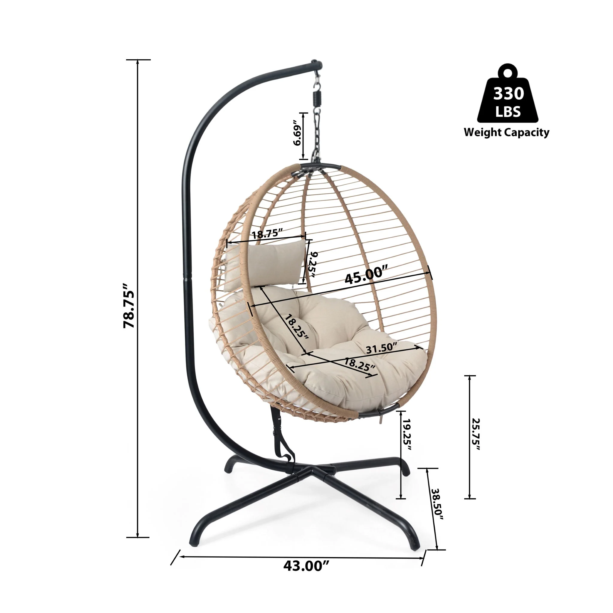 Sora - Outdoor Patio Wicker Hanging Chair With Stand - Beige / Brown - Image 8