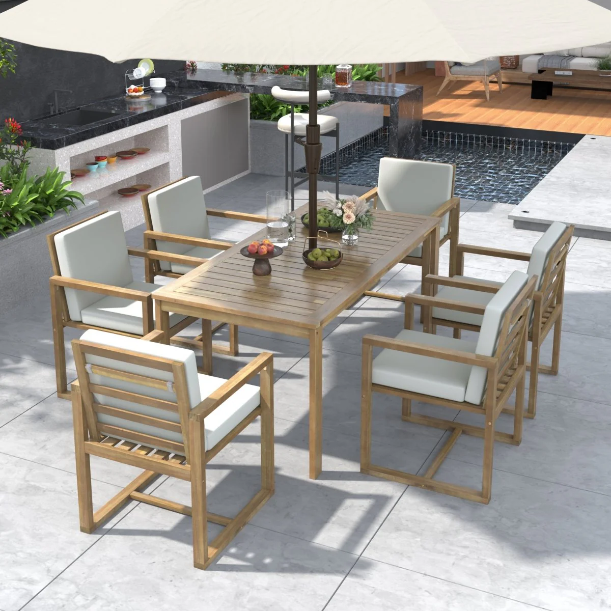Sorelle 7-Piece Acacia Patio Dining Set with Cushions in Light Teak - Image 2
