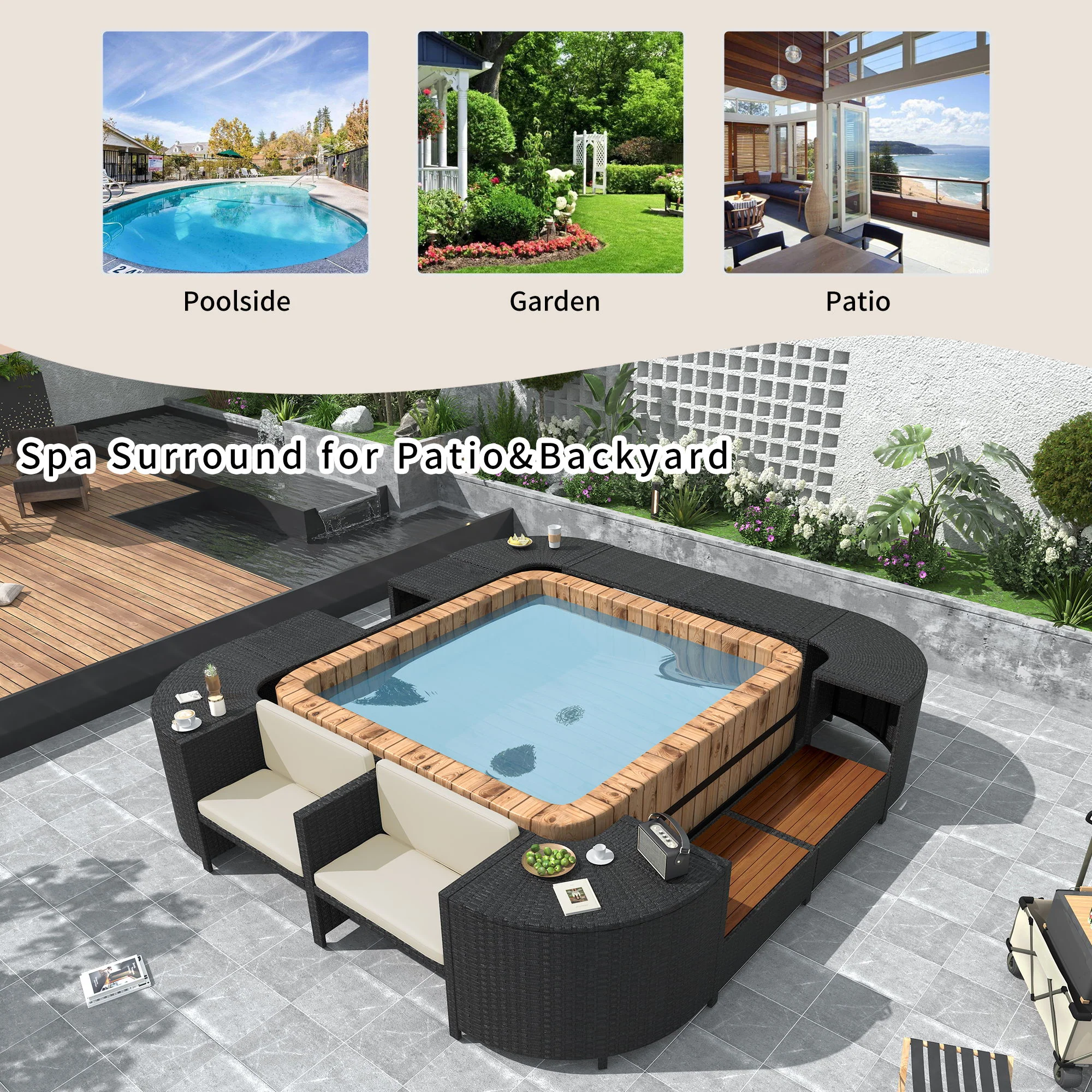 Spa Surround Spa Frame Quadrilateral Outdoor Rattan Sectional Sofa Set With Mini Sofa, Wooden Seats And Storage Spaces - Image 8