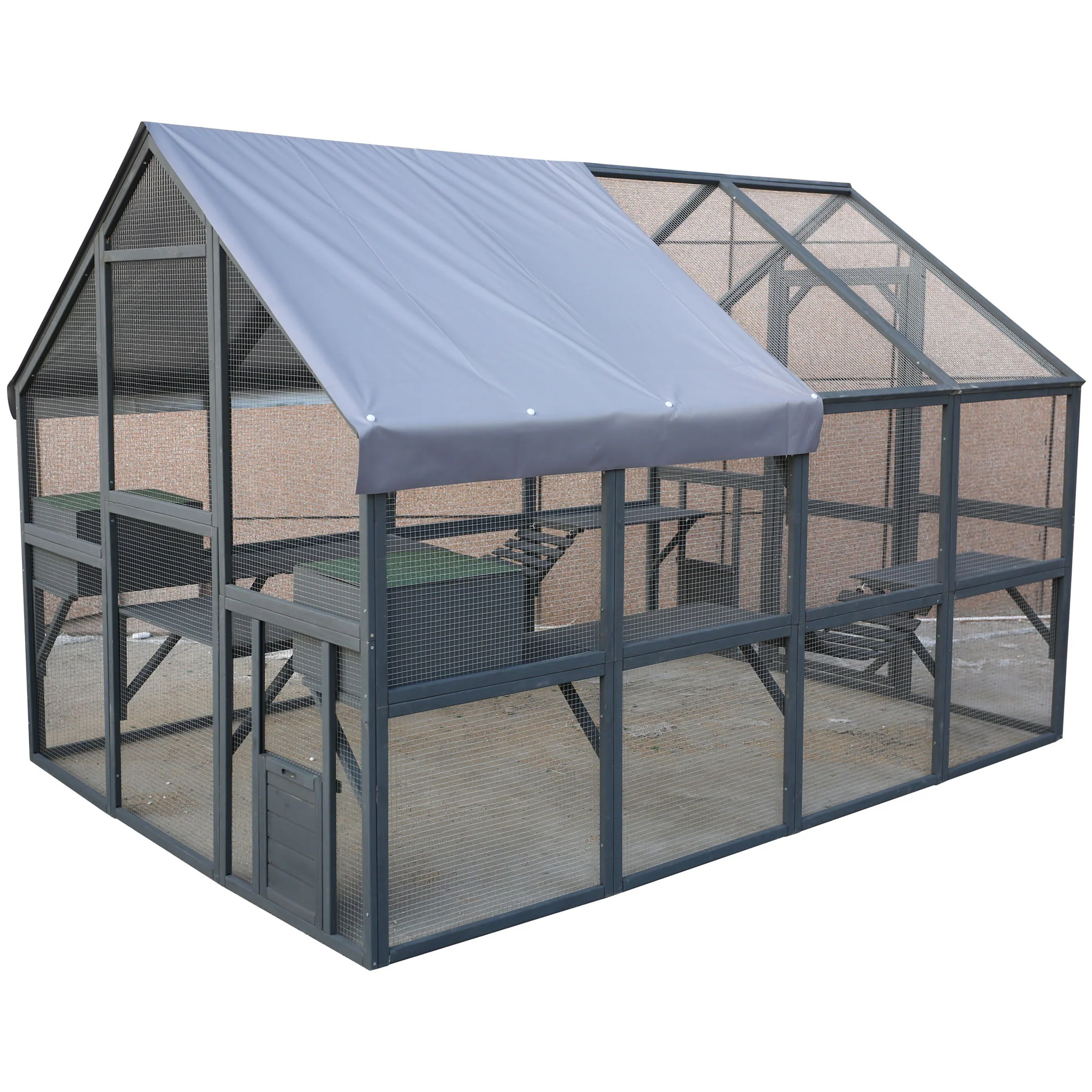 Spacious Wooden Cat Catio Outdoor Kitty House With Bridges And Roof Cover - Gray - Image 6