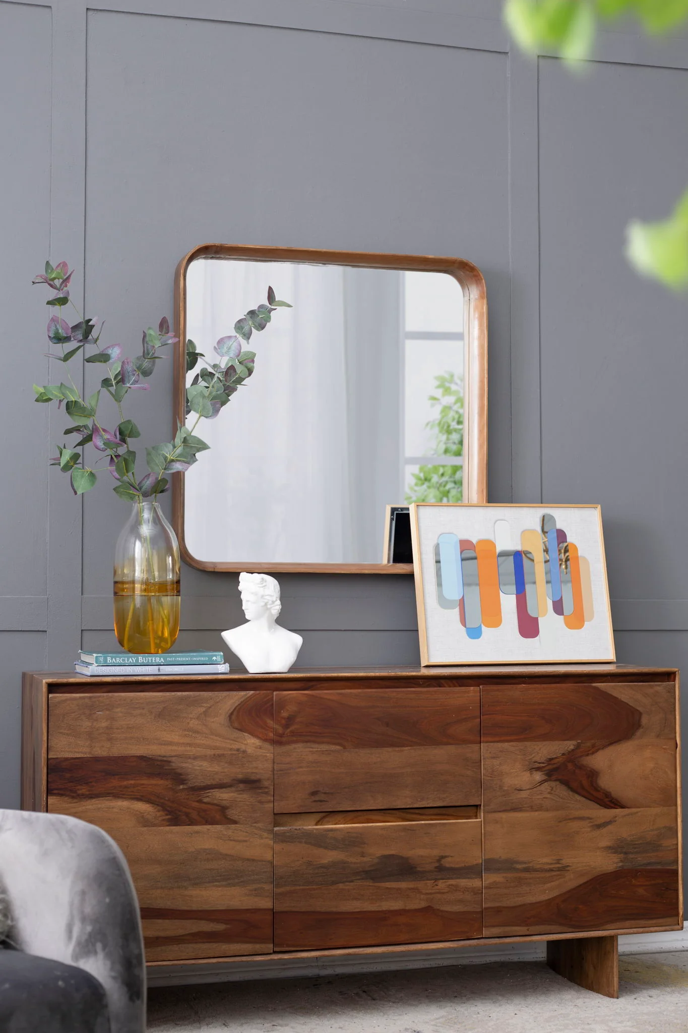 Square Mirror With Wood Frame, Wall Mirror For Living Room Bathroom Entryway - Brown - Image 2