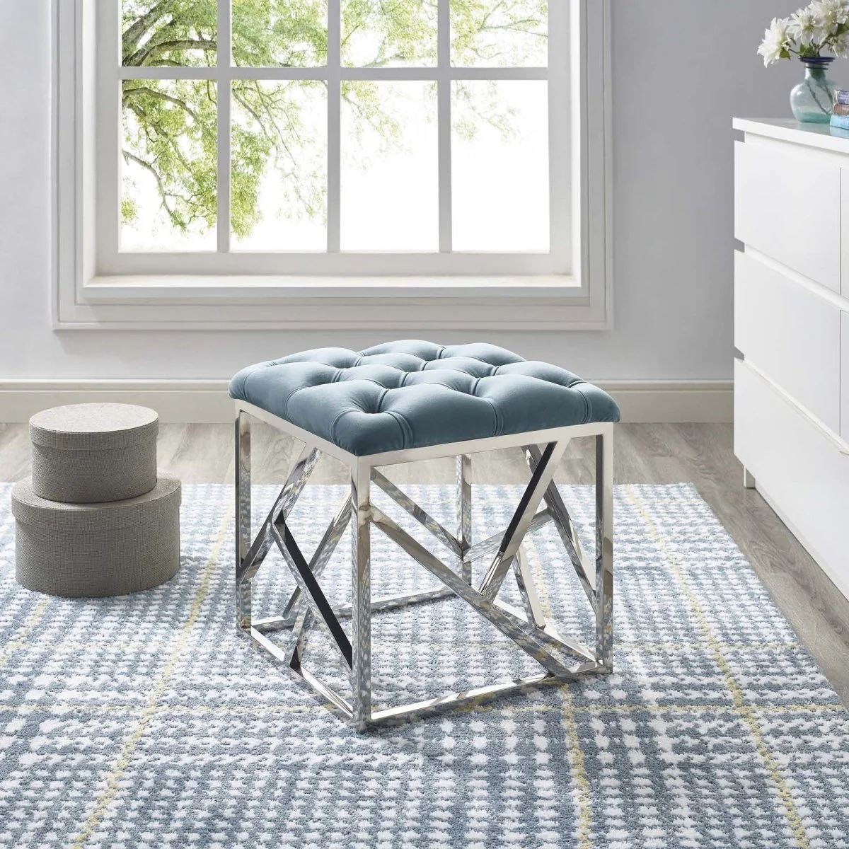 Tufted Velvet Ottoman with Silver Base – 18 Inch Square - Image 6