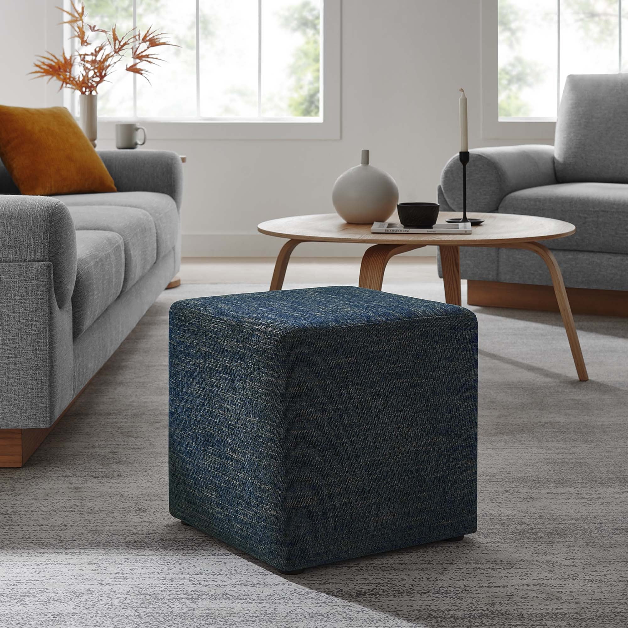 Square Woven Heathered Fabric Upholstered Ottoman – 17 Inch - Image 2