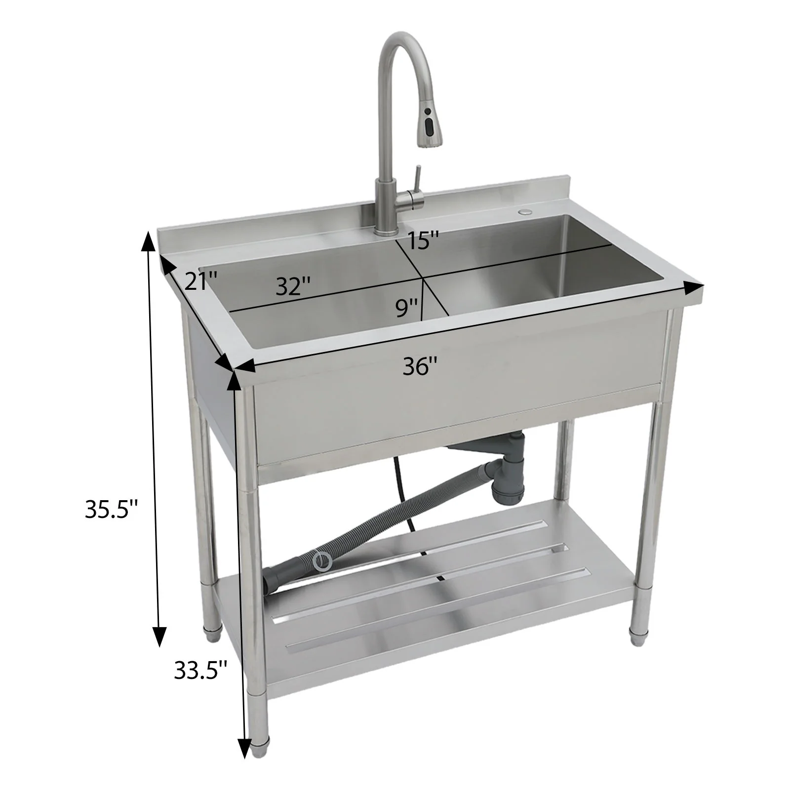 Stainless Steel Freestanding Utility Sink With Pull Out Faucet, Large Single Bowl - Brushed Nickel - Image 4