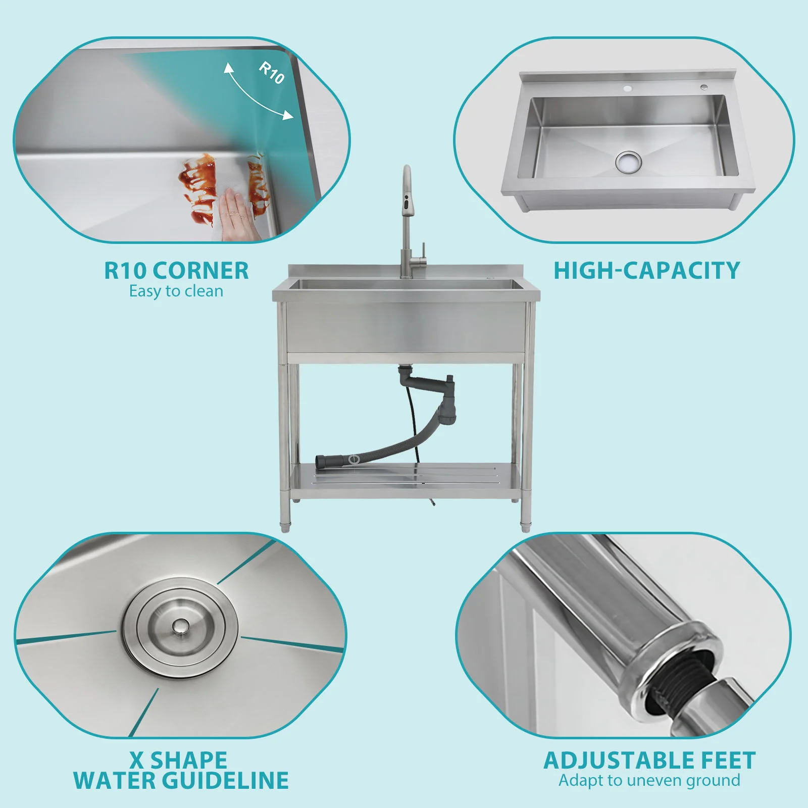 Stainless Steel Freestanding Utility Sink With Pull Out Faucet, Large Single Bowl - Brushed Nickel - Image 7