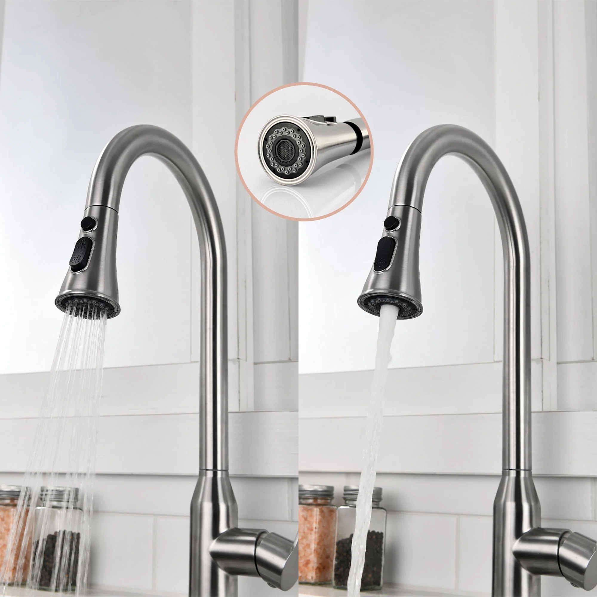 Stainless Steel High Arc Kitchen Faucet With Pull Down Sprayer - Brushed Nickel - Image 3