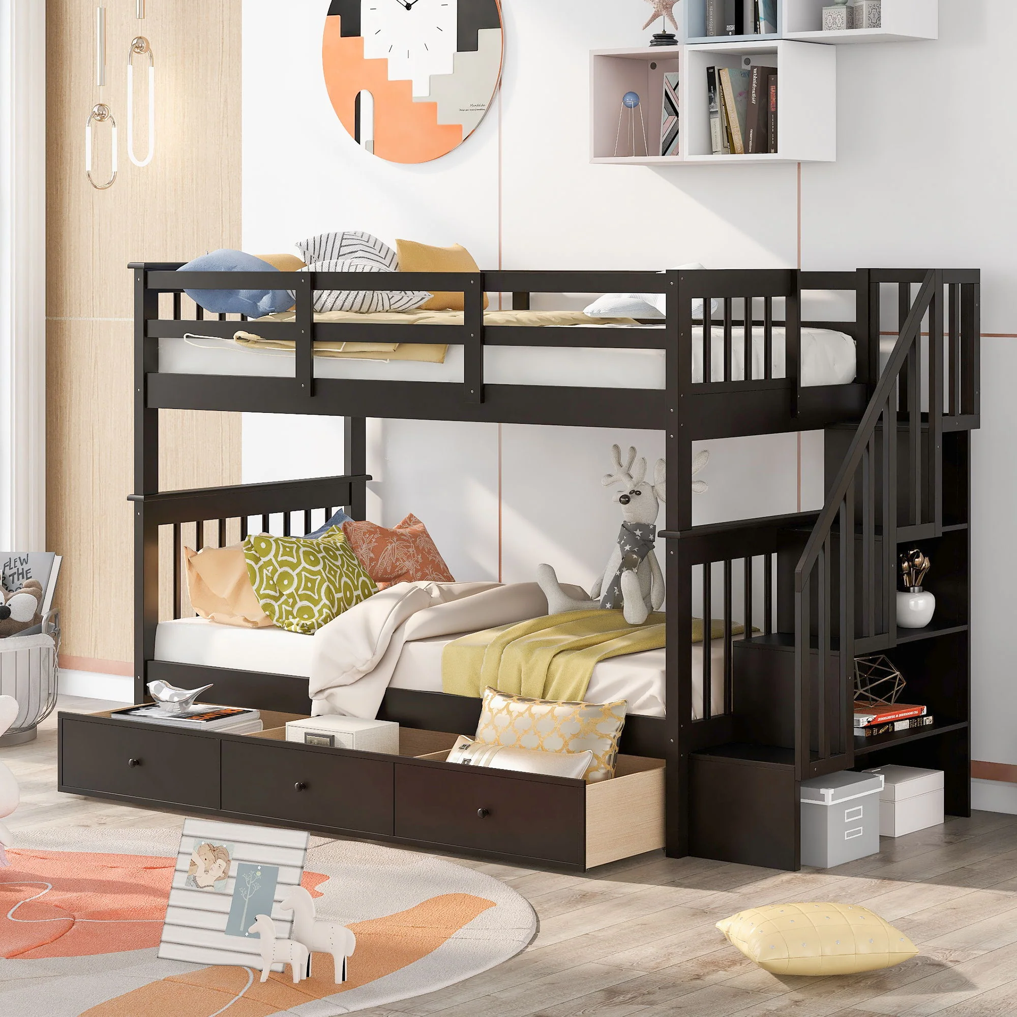 Stairway Bunk Bed With Storage And Guard Rail For Bedroom - Image 44
