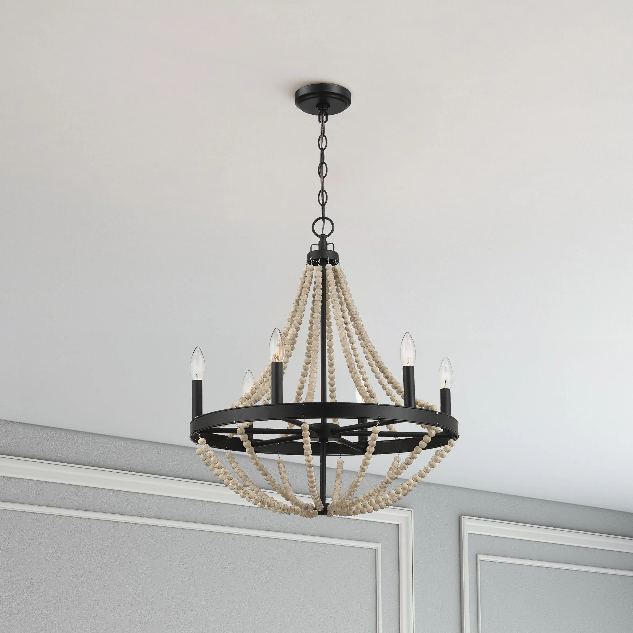 Starry - Chandelier 6 Candle Light Wood Beaded Pendant Light For Dining Room - Black / Clear - Image 3