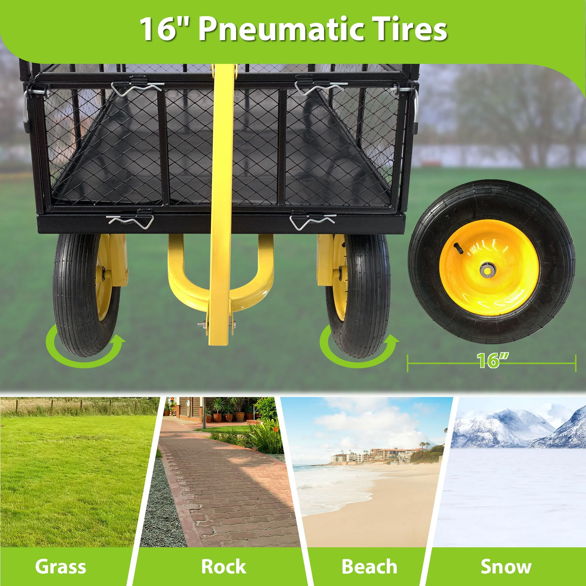Steel Garden Cart, Heavy Duty 1400 Lbs Capacity, With Removable Mesh Sides To Convert Into Flatbed, Utility Metal Wagon With 2-In-1 Handle And 16 In Tires, Perfect For Garden, Farm, Yard - Black - Image 3