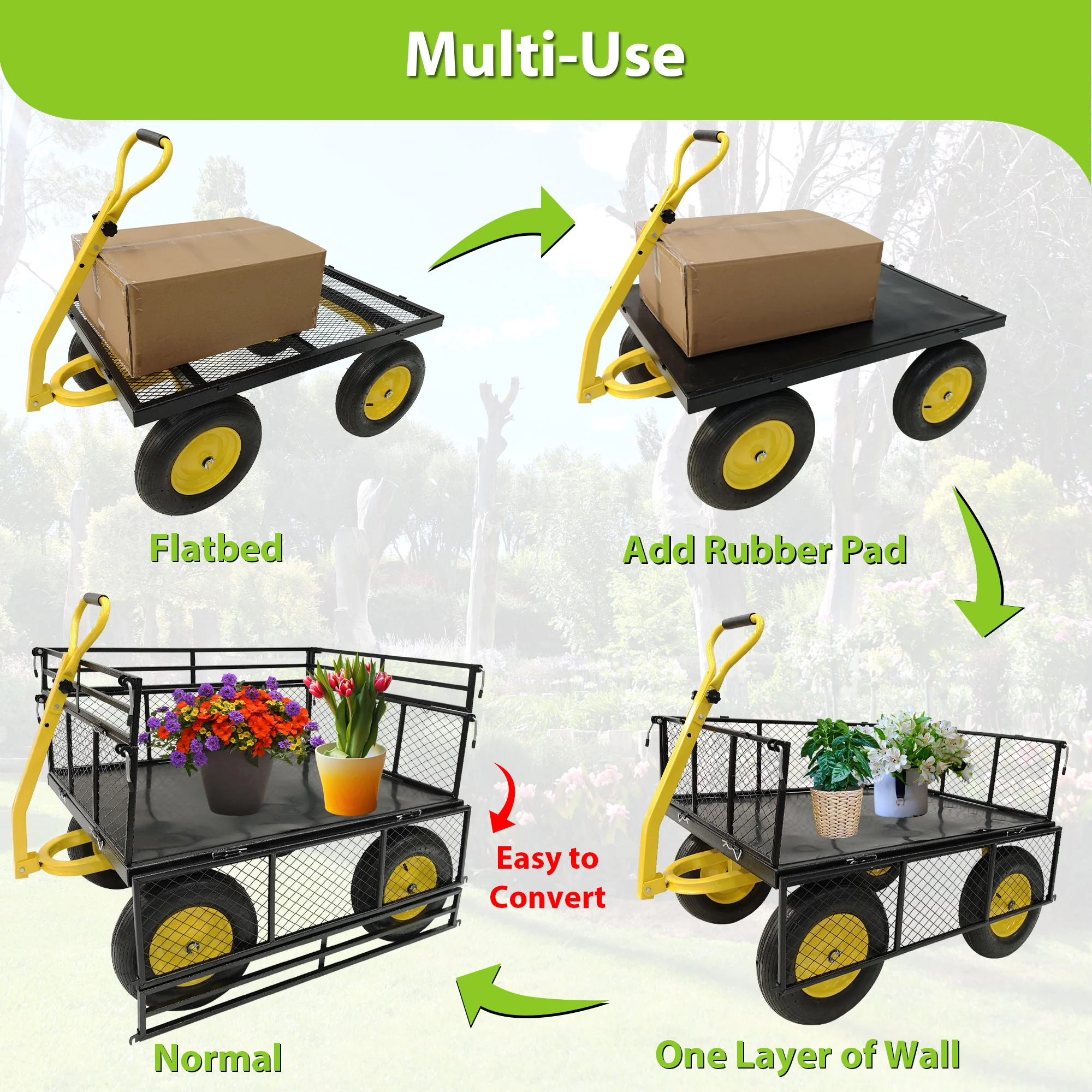 Steel Garden Cart, Heavy Duty 1400 Lbs Capacity, With Removable Mesh Sides To Convert Into Flatbed, Utility Metal Wagon With 2-In-1 Handle And 16 In Tires, Perfect For Garden, Farm, Yard - Black - Image 4