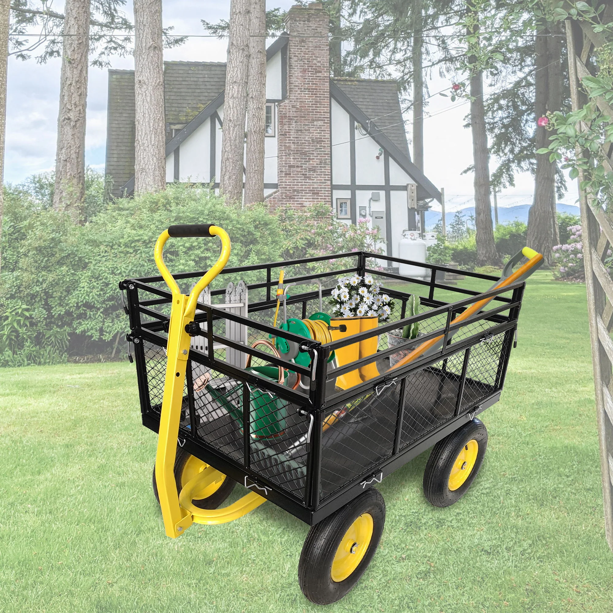 Steel Garden Cart, Heavy Duty 1400 Lbs Capacity, With Removable Mesh Sides To Convert Into Flatbed, Utility Metal Wagon With 2-In-1 Handle And 16 In Tires, Perfect For Garden, Farm, Yard - Black - Image 6