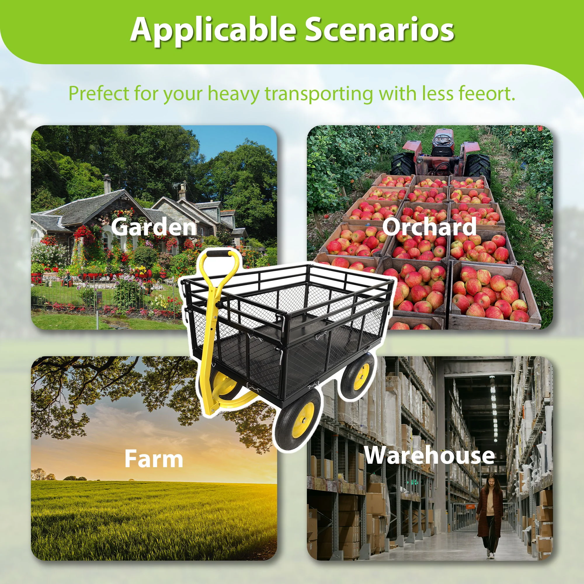 Steel Garden Cart, Heavy Duty 1400 Lbs Capacity, With Removable Mesh Sides To Convert Into Flatbed, Utility Metal Wagon With 2-In-1 Handle And 16 In Tires, Perfect For Garden, Farm, Yard - Black - Image 7