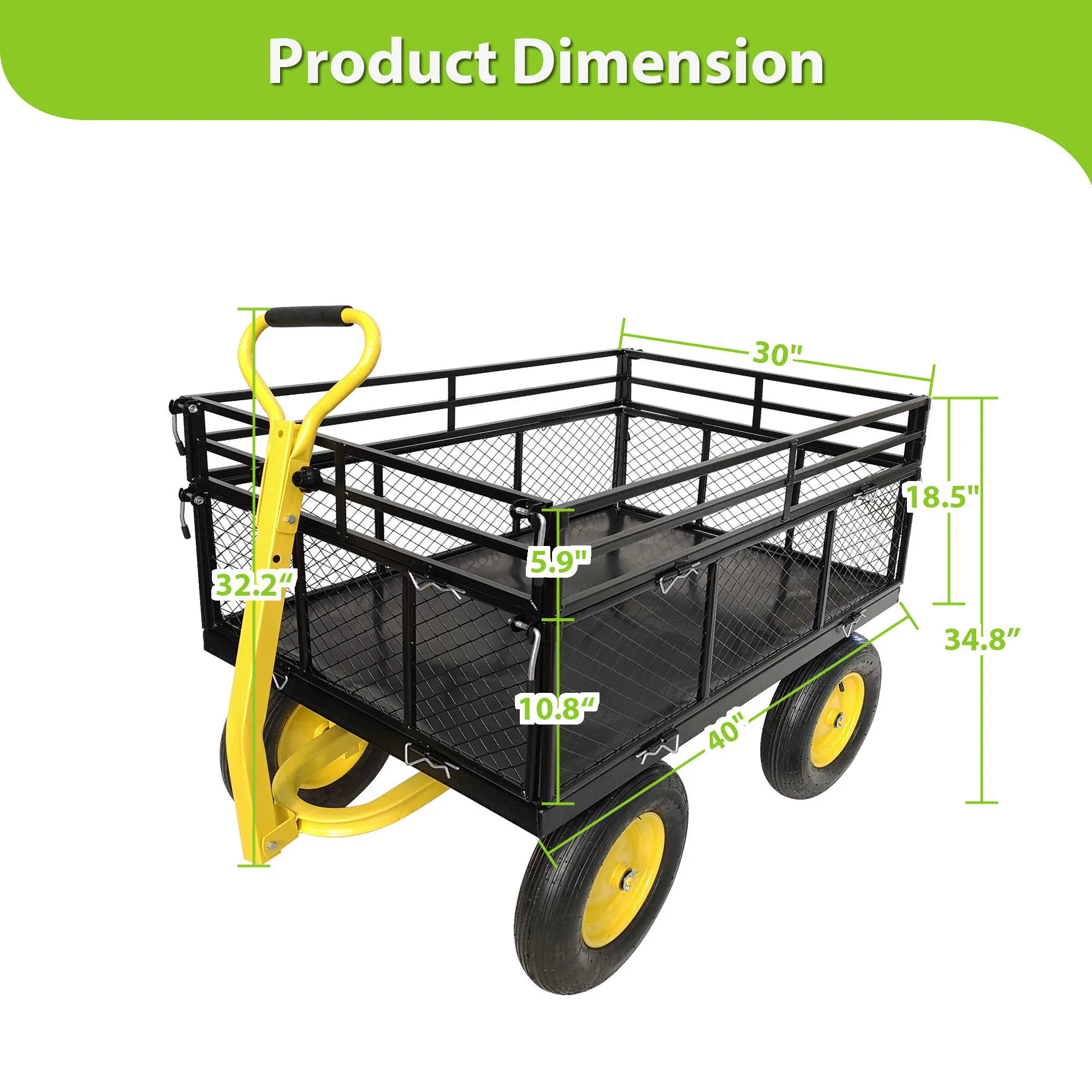 Steel Garden Cart, Heavy Duty 1400 Lbs Capacity, With Removable Mesh Sides To Convert Into Flatbed, Utility Metal Wagon With 2-In-1 Handle And 16 In Tires, Perfect For Garden, Farm, Yard - Black - Image 8