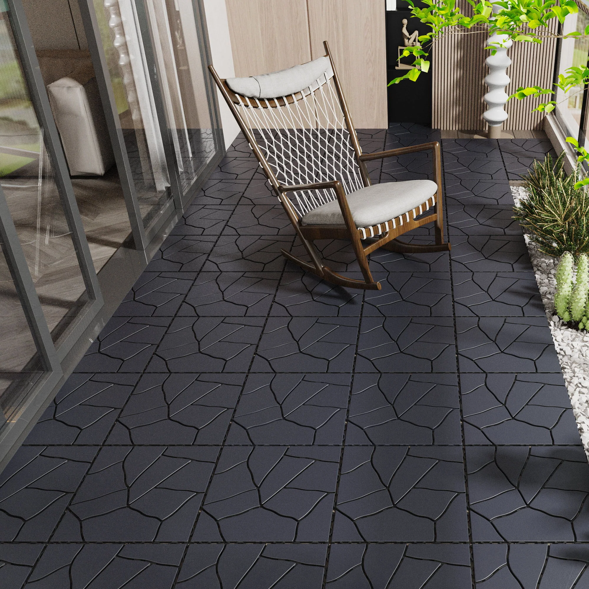 Stone Style Patio Deck Tiles For Porch (Set of 44) - Gray - Image 6
