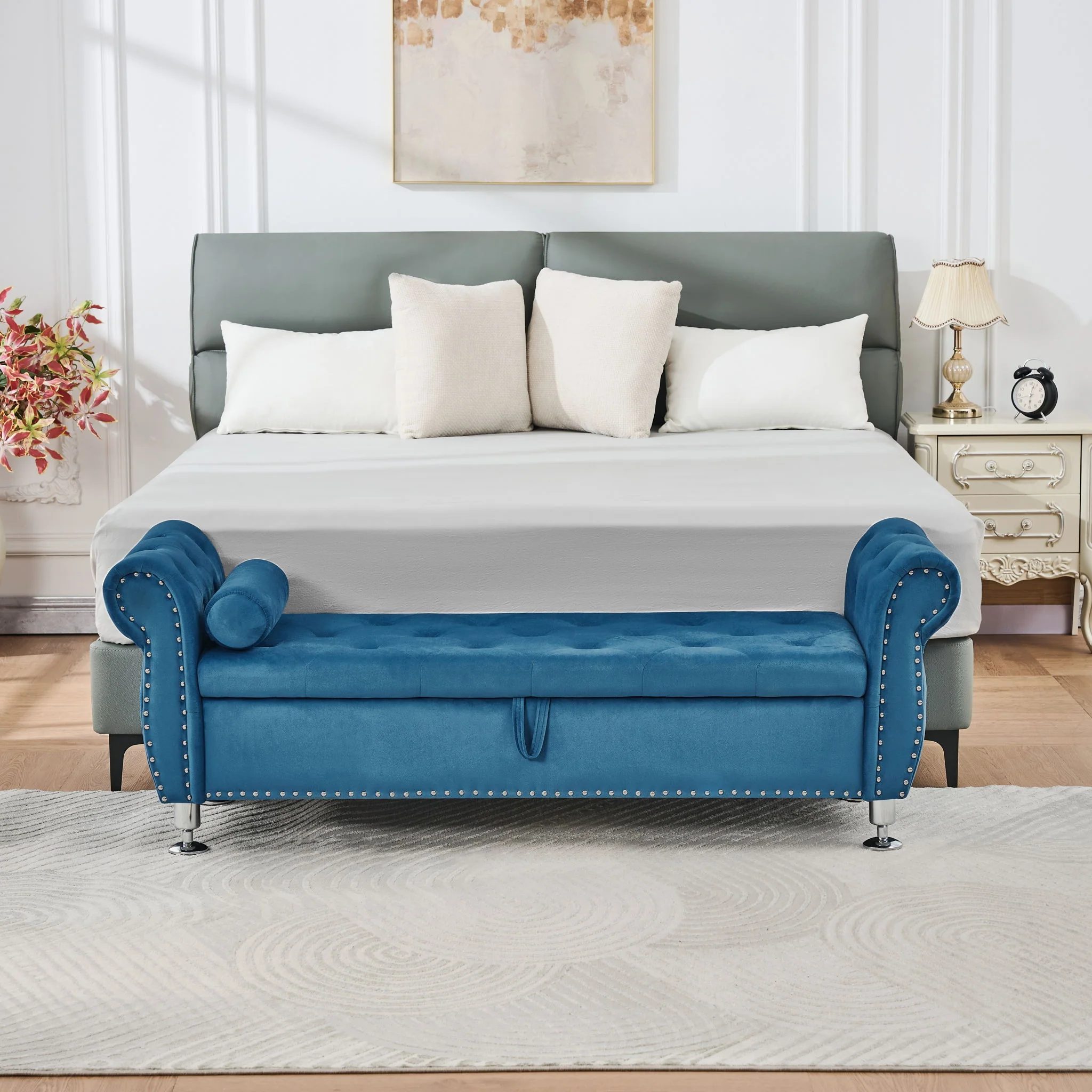 Storage Bench With Crystal Buttons And 1 Pillow For Bedroom - Image 11