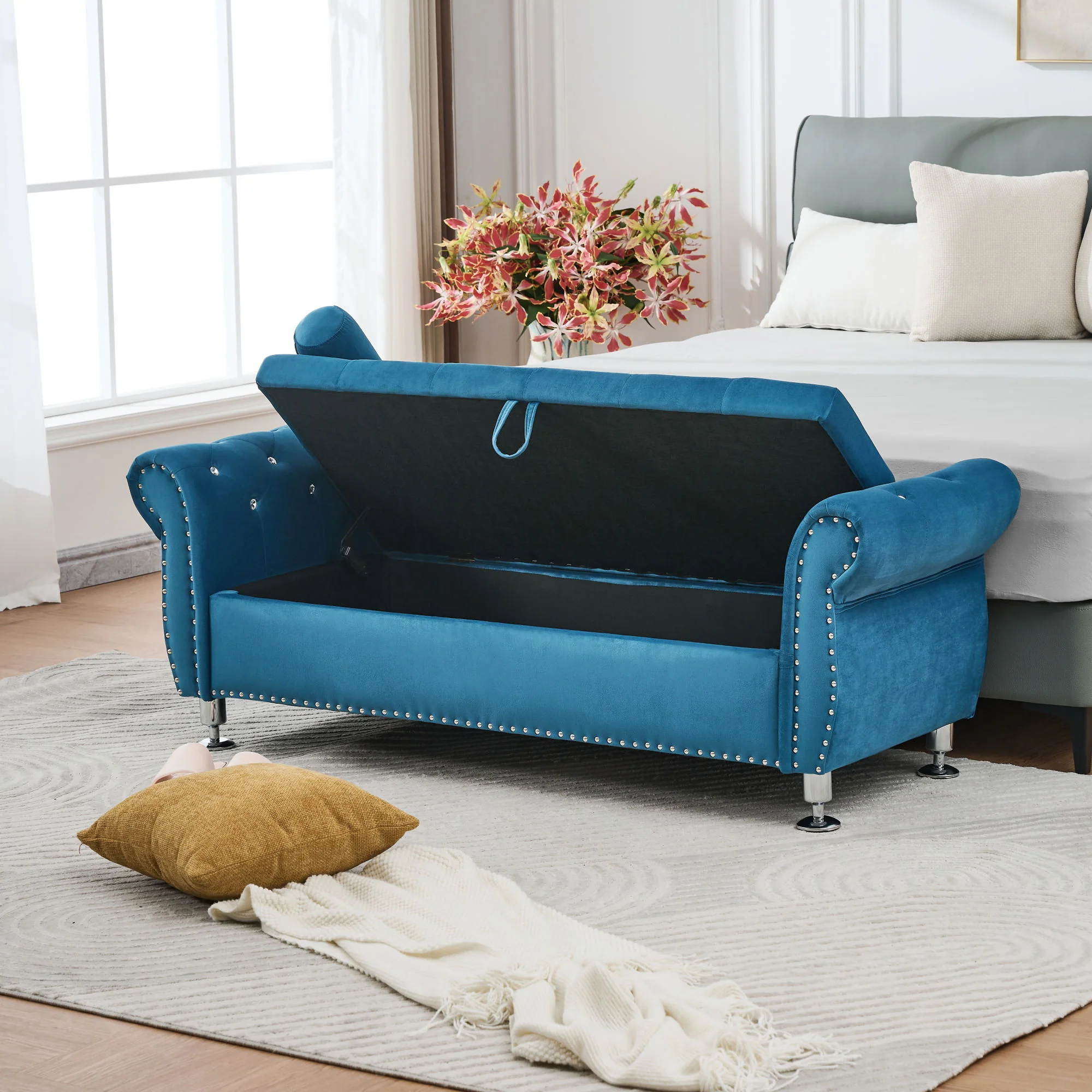 Storage Bench With Crystal Buttons And 1 Pillow For Bedroom - Image 21