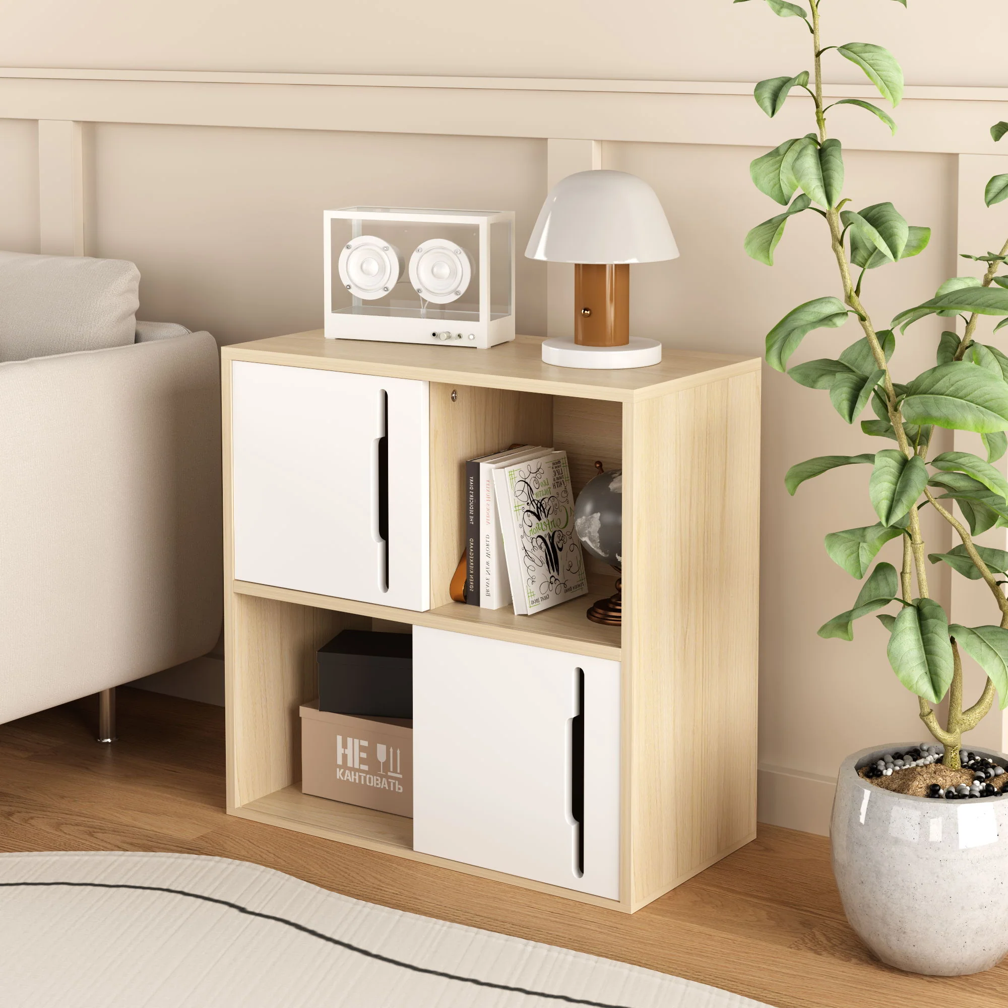 Storage Cabinet With Sliding Doors, 2 Tier Open And Closed Shelves Organizer - Natural / White - Image 9