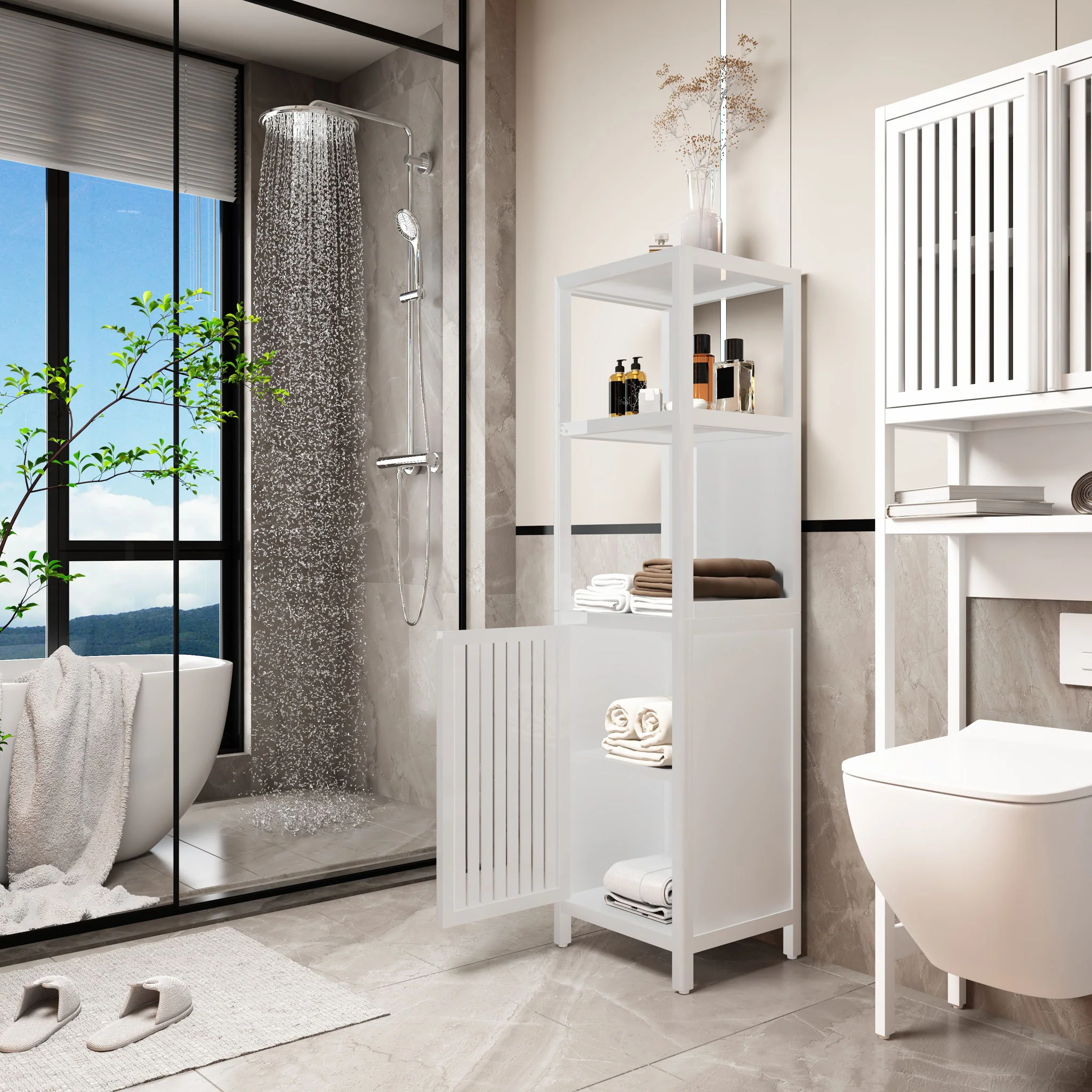 Storage Cabinet With Tall Tower, Multifunctional For Bathroom - Image 5