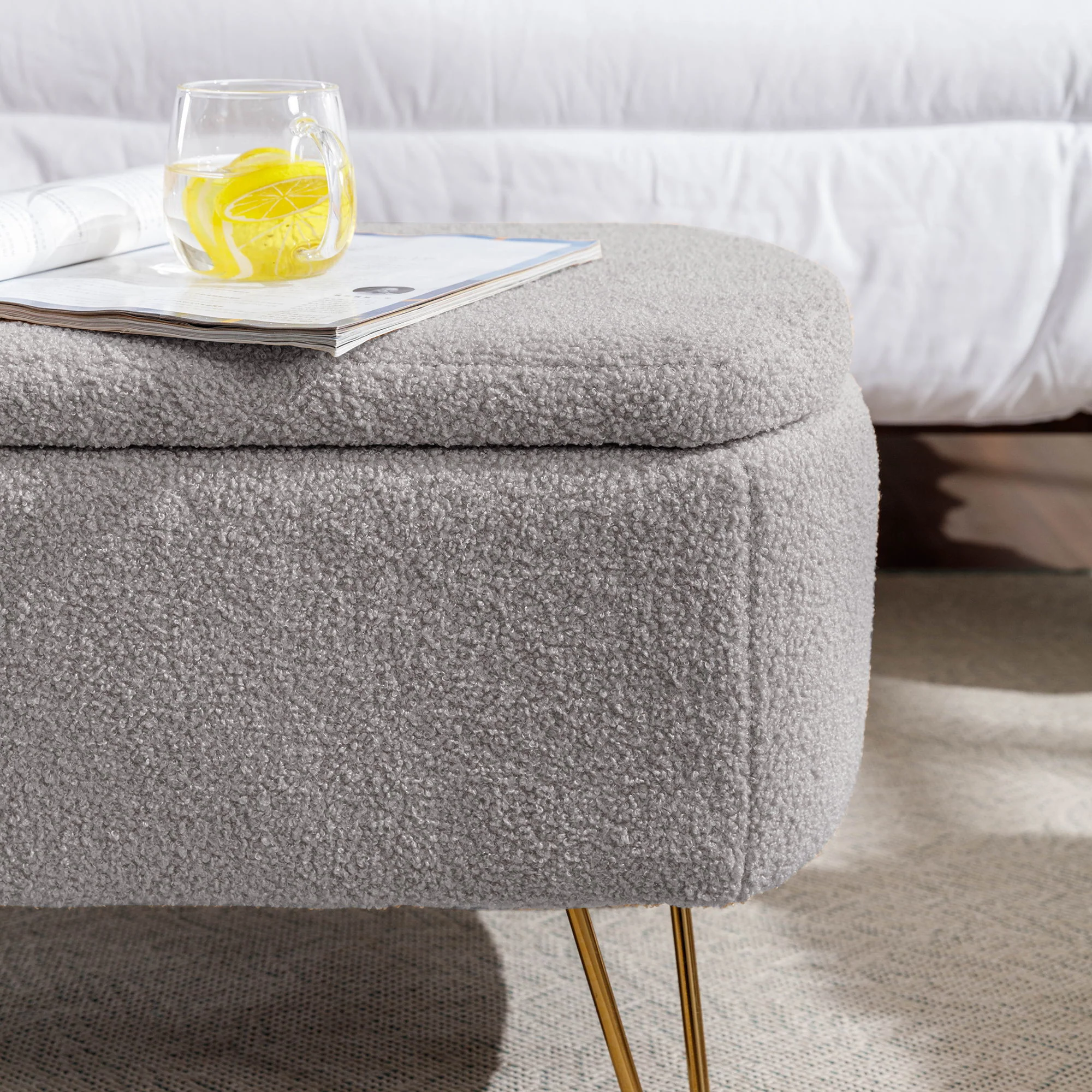 Storage Ottoman Bench For End Of Bed Legs, Modern Camel Faux Fur Entryway Bench Upholstered Padded With Storage For Living Room Bedroom - Image 36