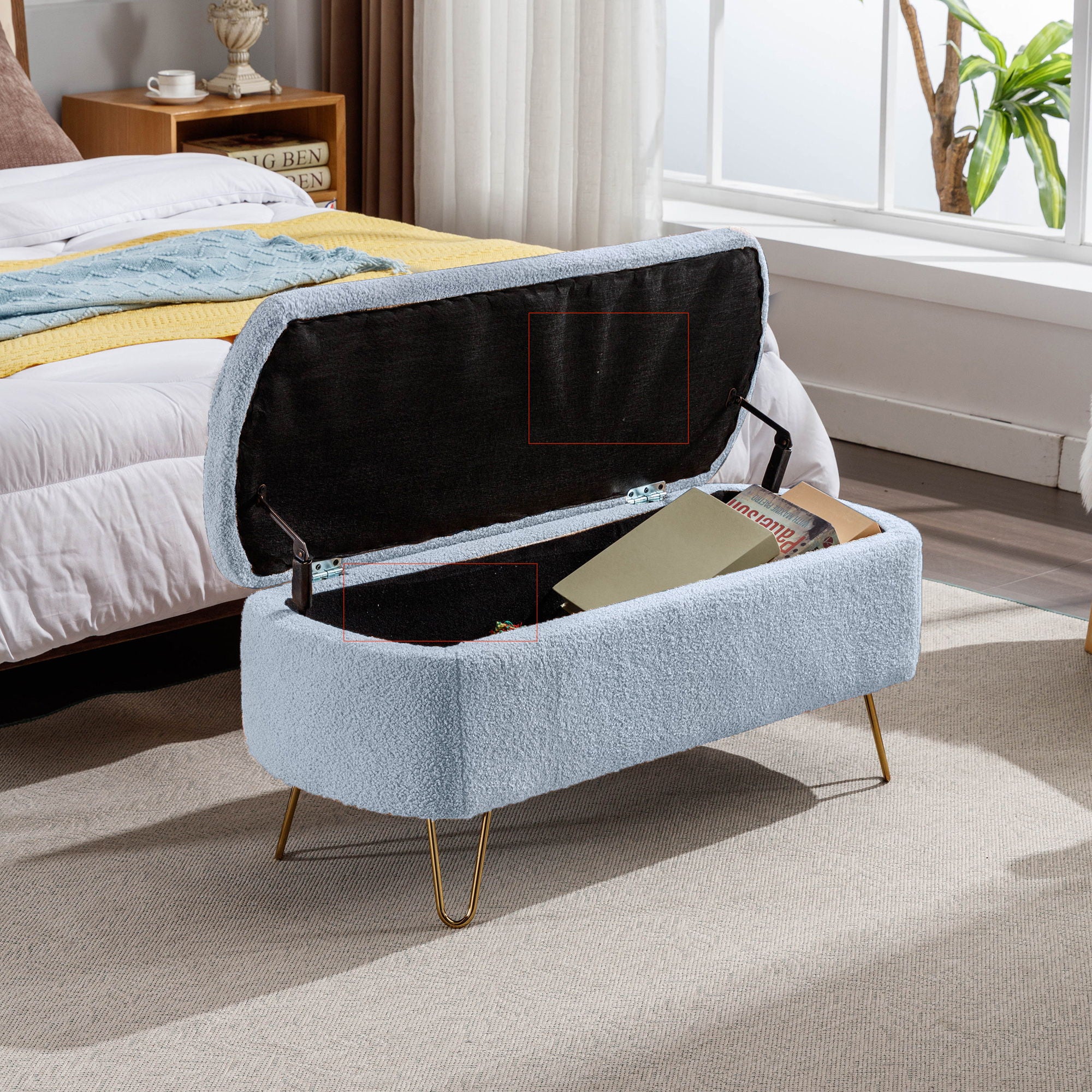 Storage Ottoman Bench For End Of Bed Legs, Modern Camel Faux Fur Entryway Bench Upholstered Padded With Storage For Living Room Bedroom - Image 38